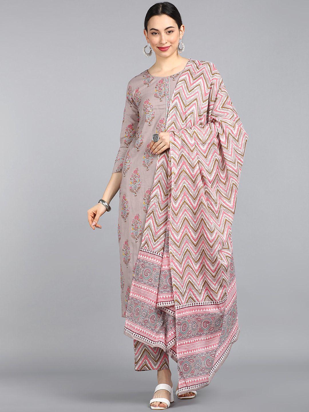 ahika women grey printed pure cotton kurta with trousers & with dupatta