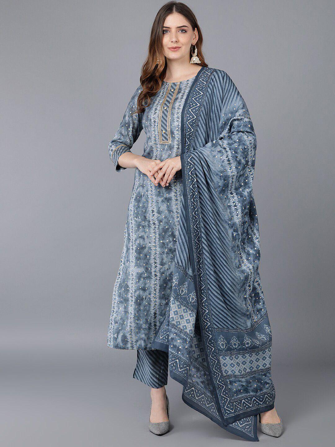 ahika women grey printed straight kurta with trousers & with dupatta