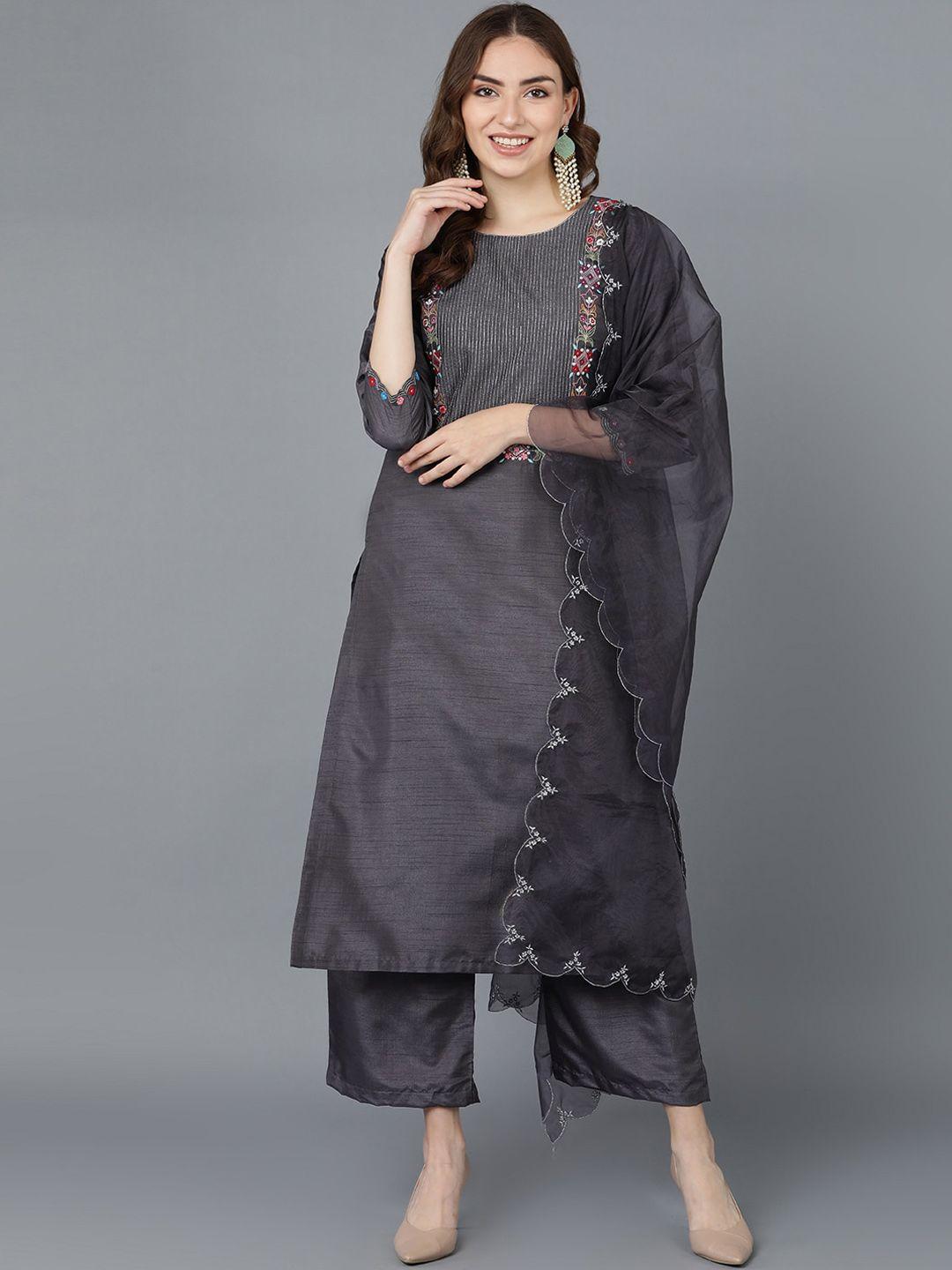 ahika women grey yoke design kurta with palazzos & with dupatta