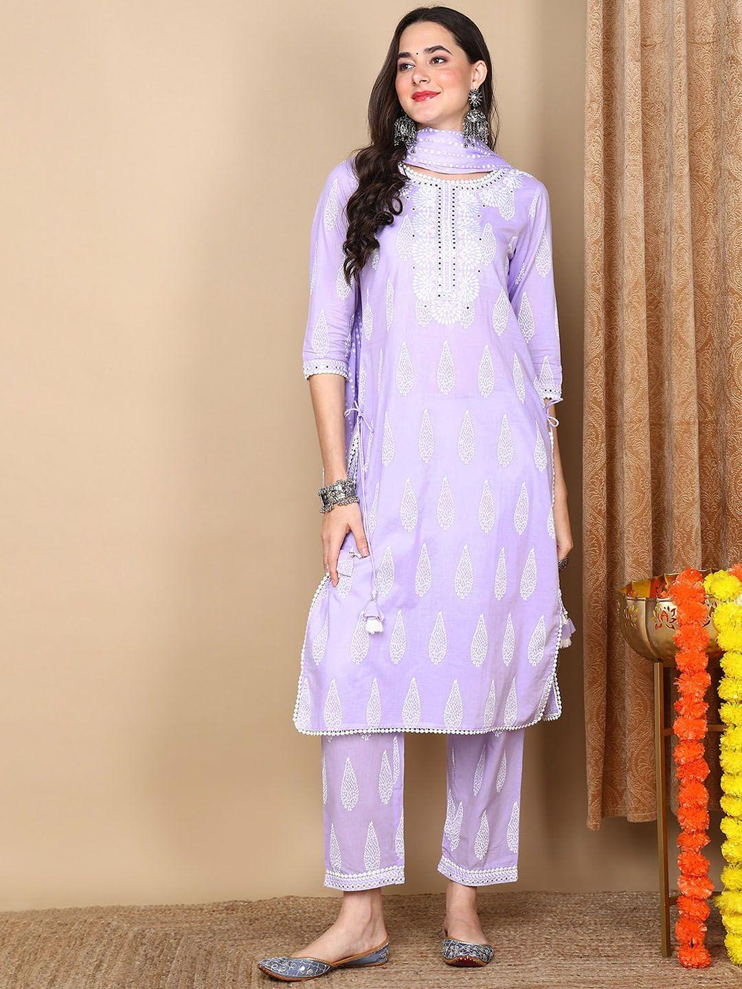 ahika women lavender ethnic motifs printed regular mirror work pure cotton kurta with trousers & with dupatta