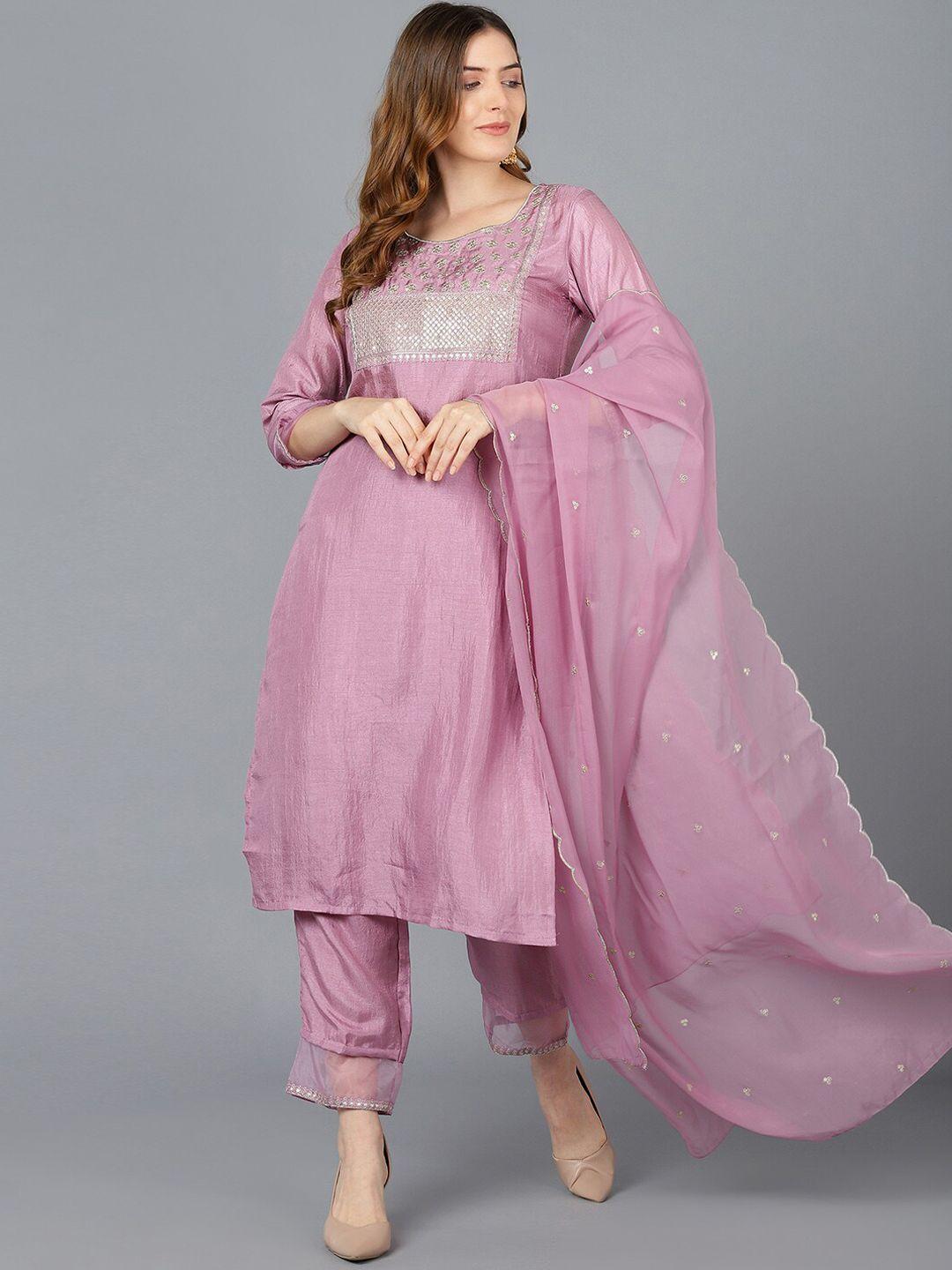 ahika women lavender ethnic motifs yoke design sequinned kurta with trouser & dupatta