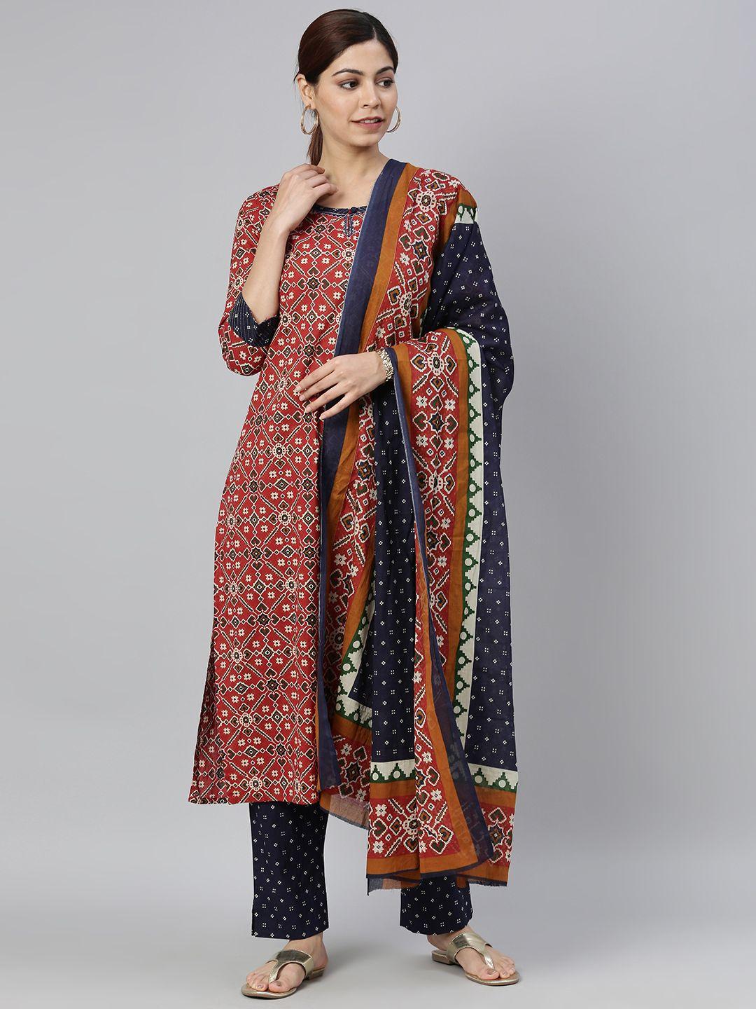 ahika women maroon & white printed kurta with pyjamas & dupatta