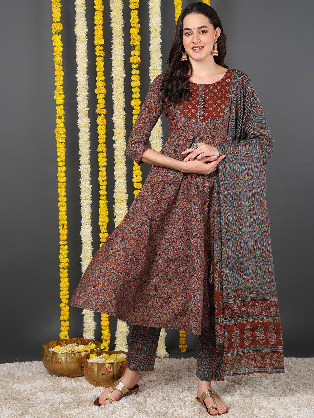 ahika women maroon ethnic motifs printed empire kurta with trousers & with dupatta