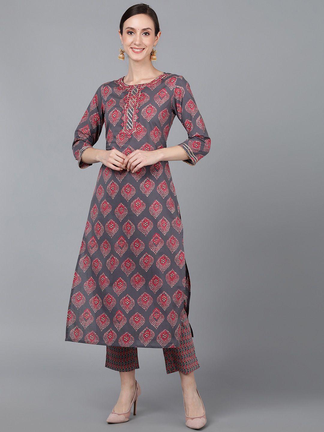 ahika women mauve & grey ethnic motifs printed keyhole neck mirror work kurta