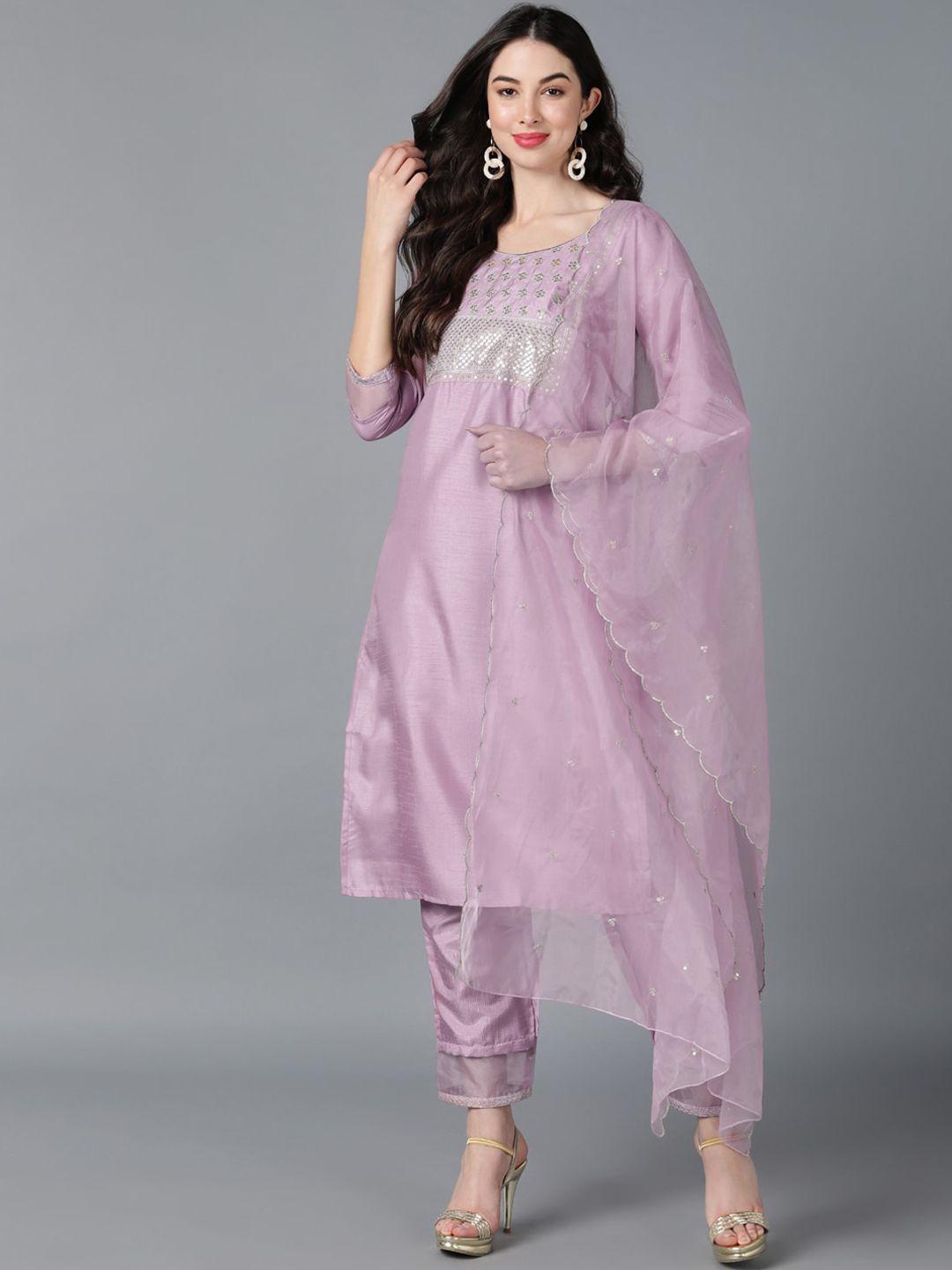 ahika women mauve embroidered panelled kurta with trousers & dupatta