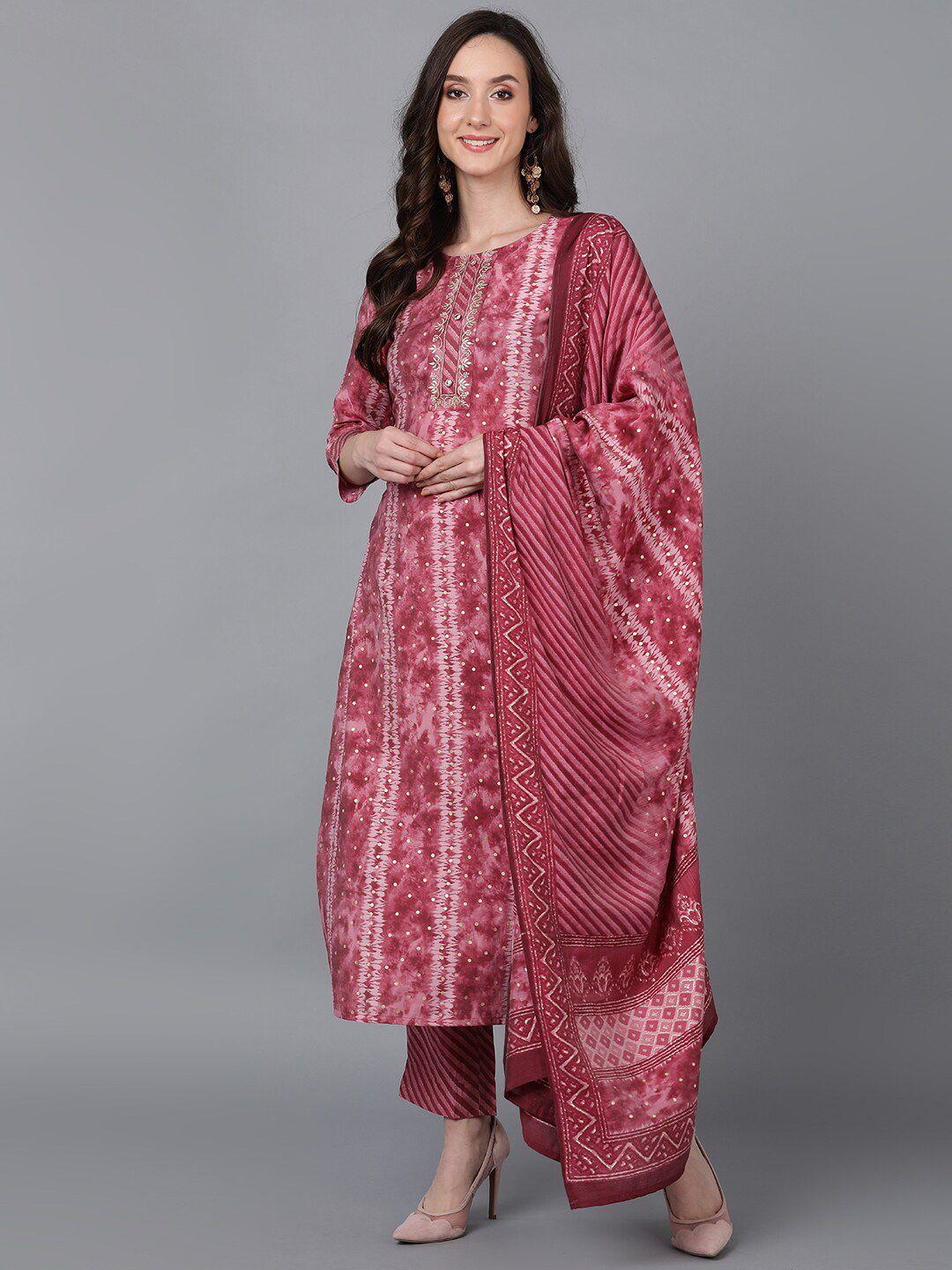 ahika women mauve printed kurta with trousers & dupatta