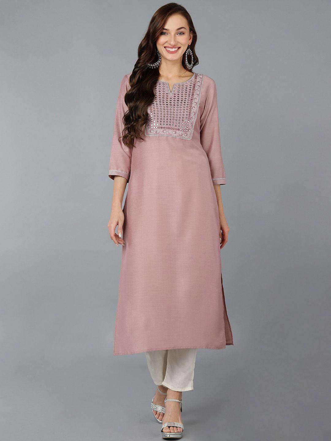 ahika women mirror work notch neck regular kurta