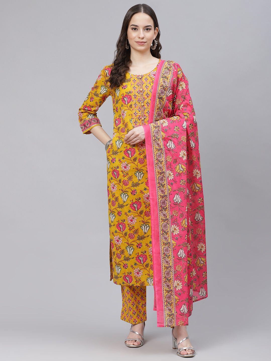 ahika women mustard yellow & pink ethnic motifs print cotton kurta with trousers & dupatta