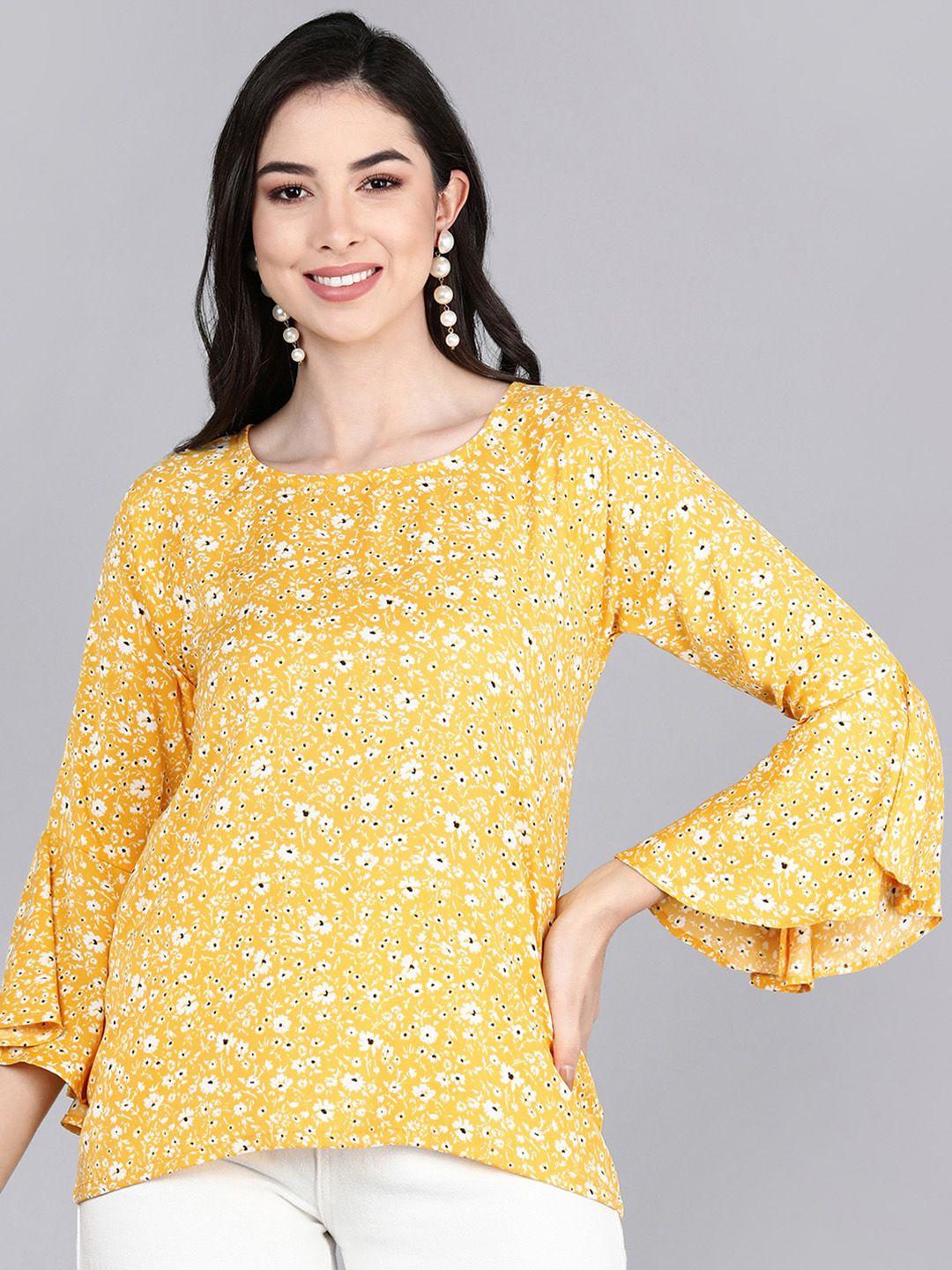 ahika women mustard yellow & white floral round neck regular crepe top