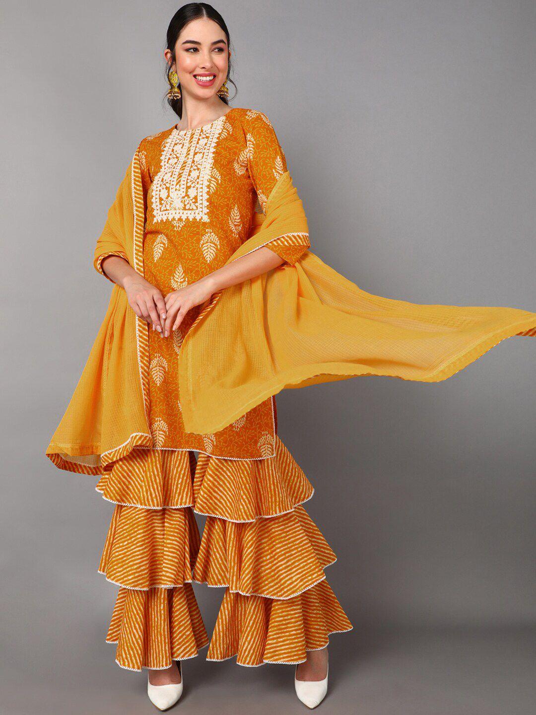 ahika women mustard yellow bandhani embroidered angrakha pure cotton kurti with sharara