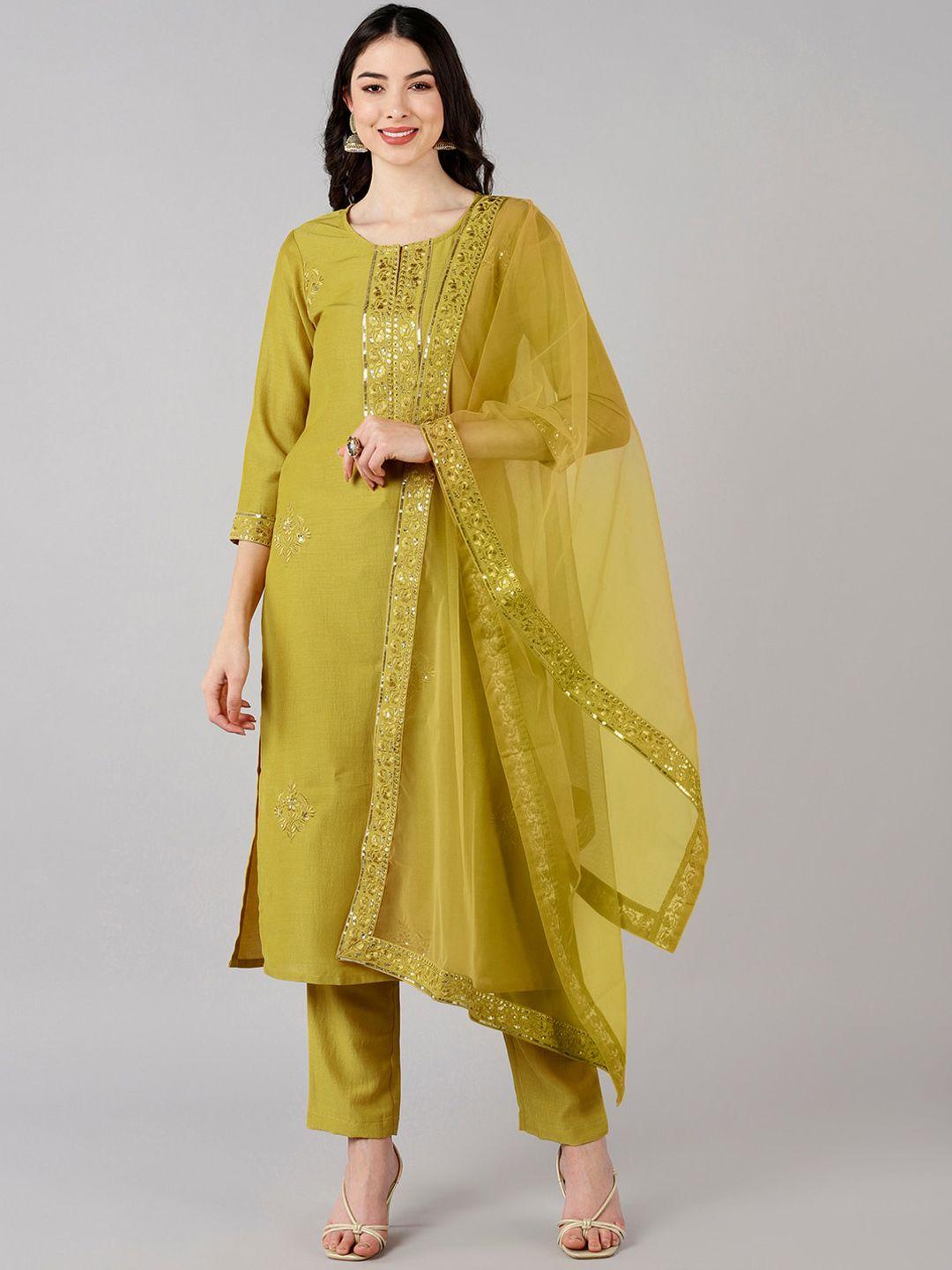 ahika women mustard yellow embroidered panelled kurti with trousers & with dupatta