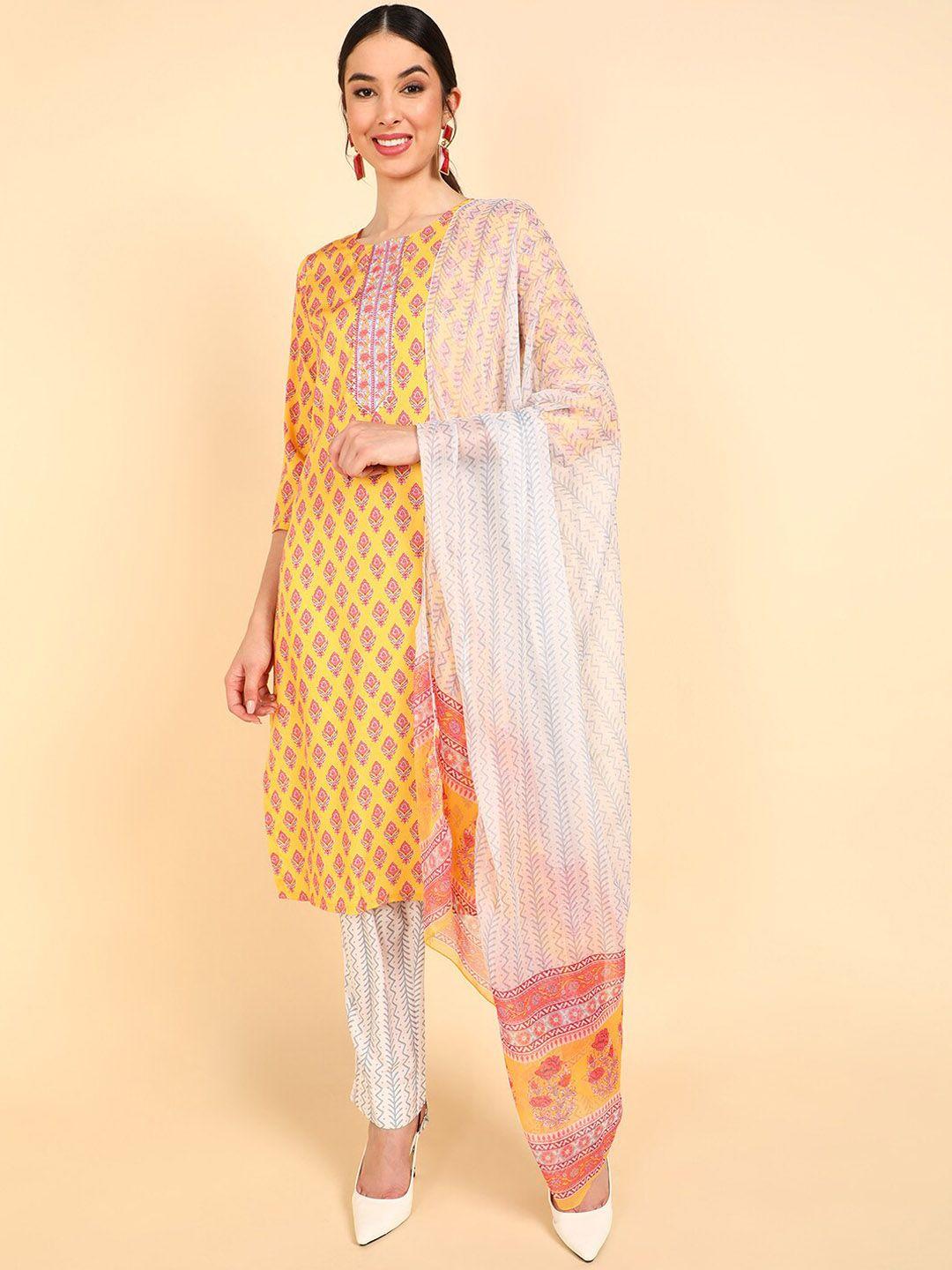 ahika women mustard yellow ethnic motifs printed kurta with trousers & dupatta