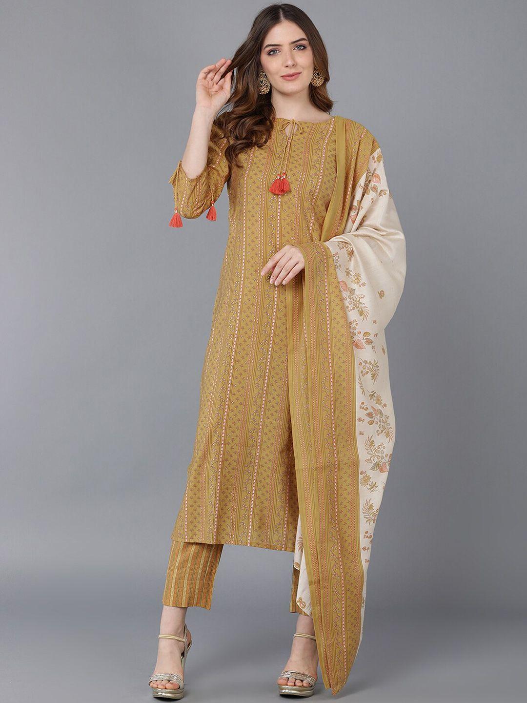ahika women mustard yellow ethnic motifs printed kurta with trousers & with dupatta
