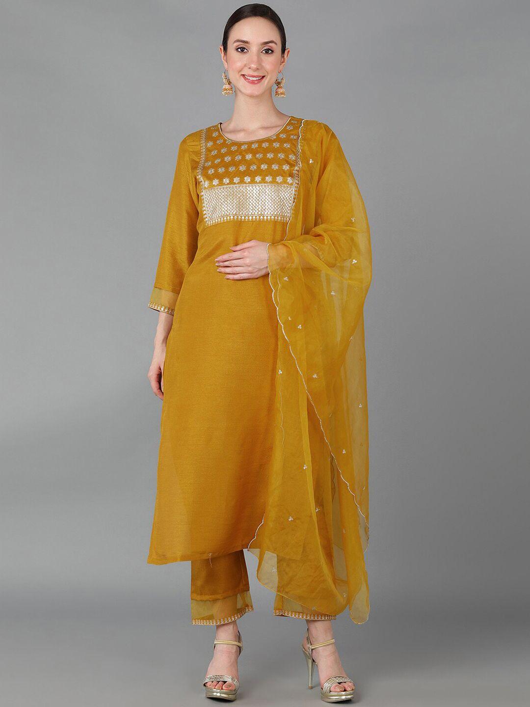 ahika women mustard yellow floral yoke design thread work kurta with trousers & dupatta