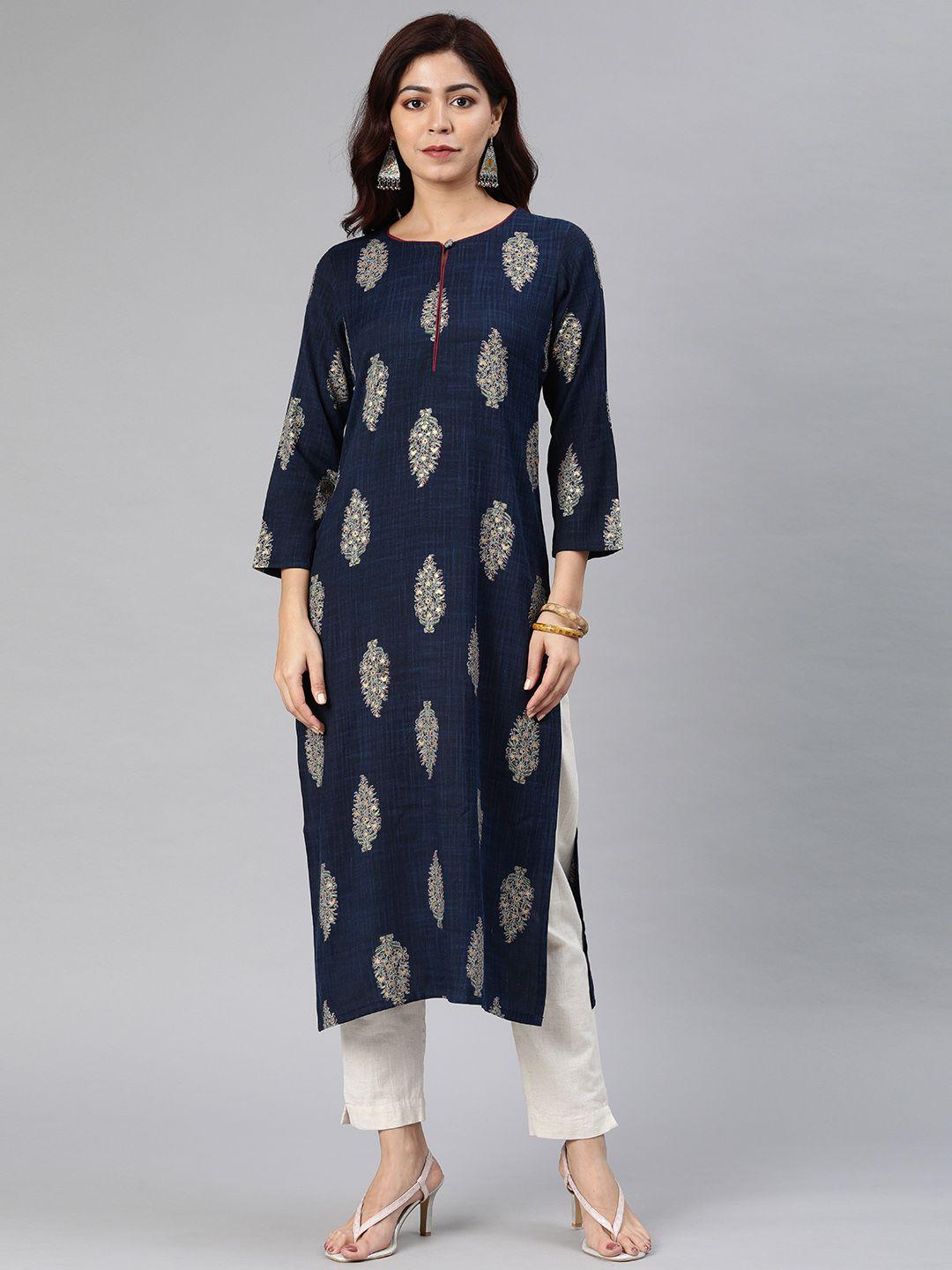 ahika women navy blue & beige printed straight kurta