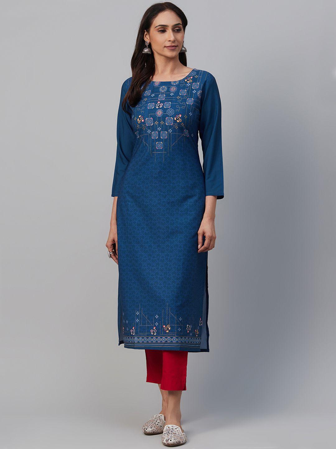 ahika women navy blue & off-white printed straight kurta