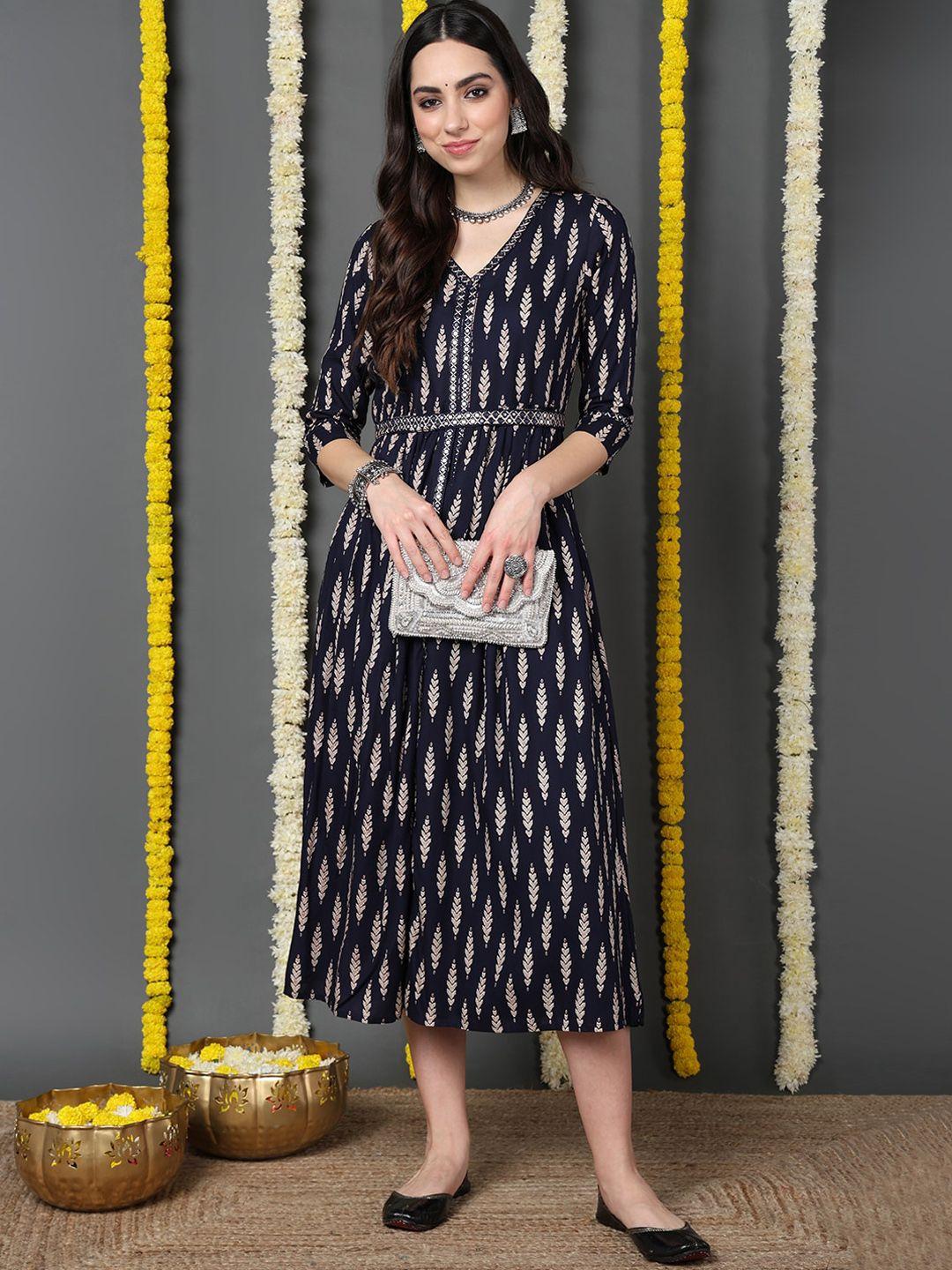 ahika women navy blue ethnic motifs printed mirror work kurta