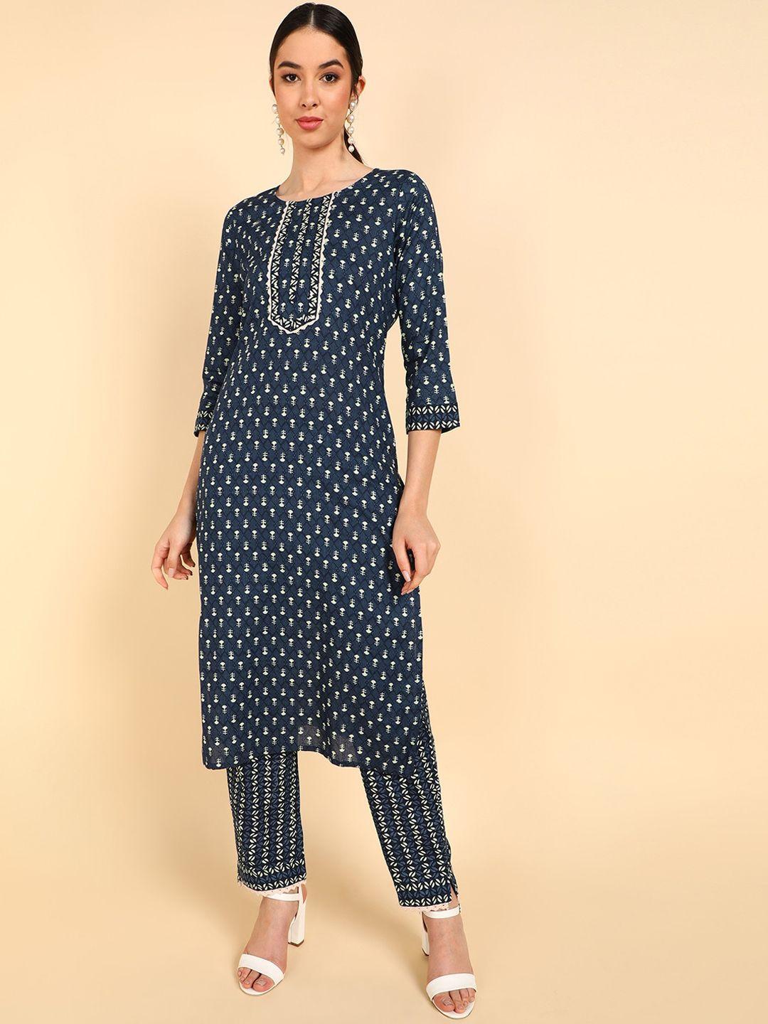 ahika women navy blue printed pure cotton kurta with trousers