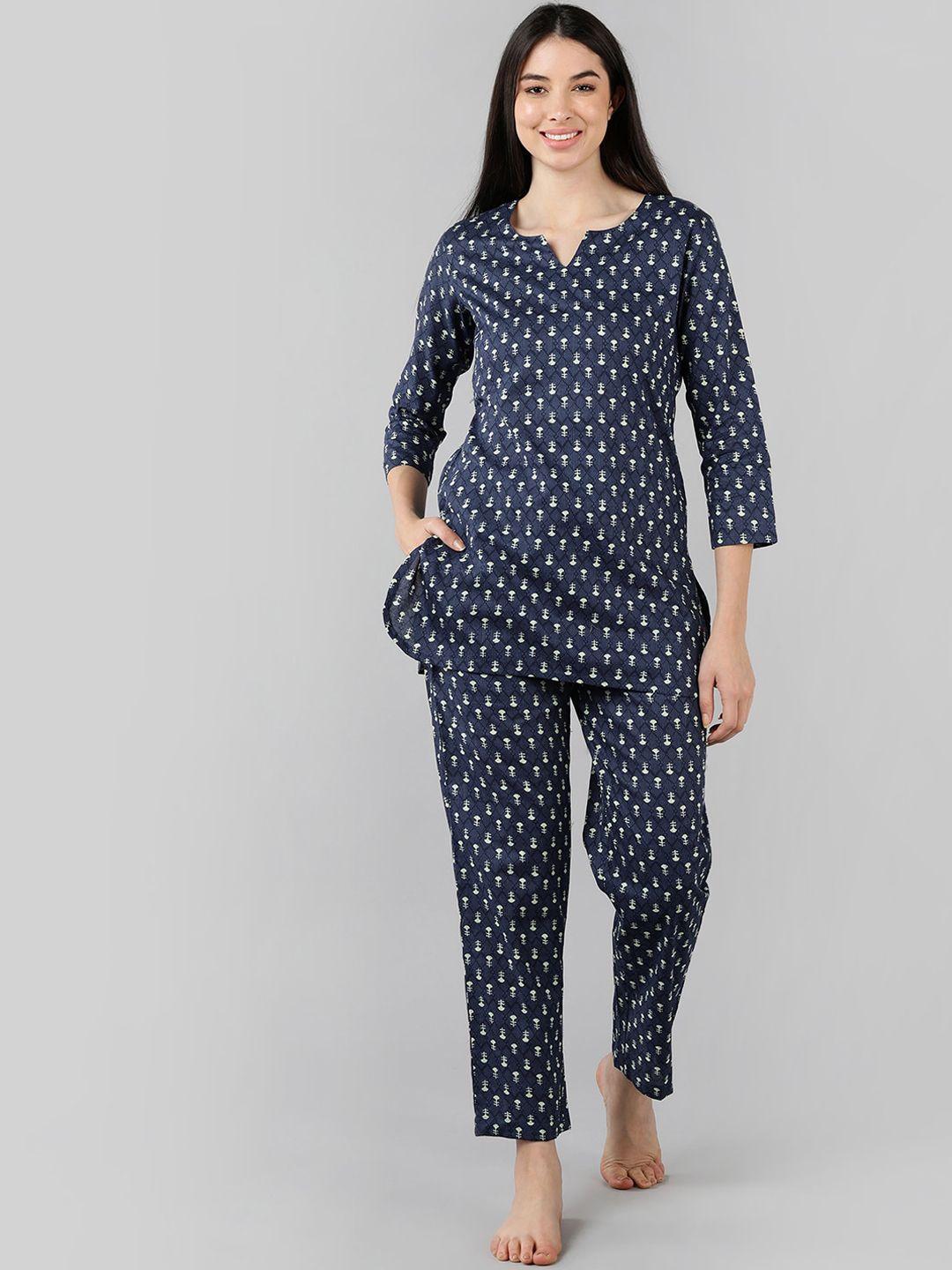 ahika women navy blue printed pure cotton night suit