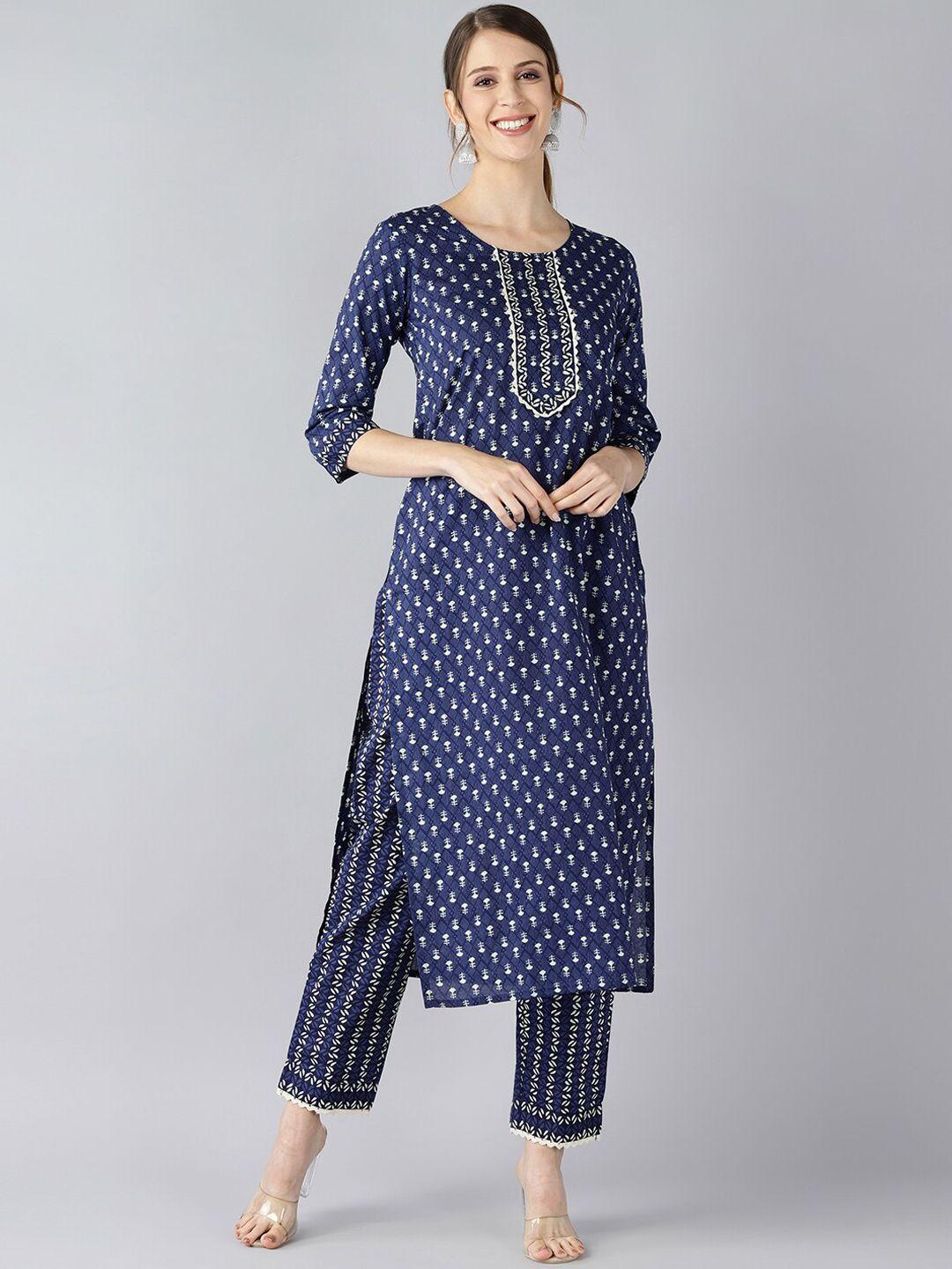 ahika women navy blue printed regular pure cotton kurta with trousers