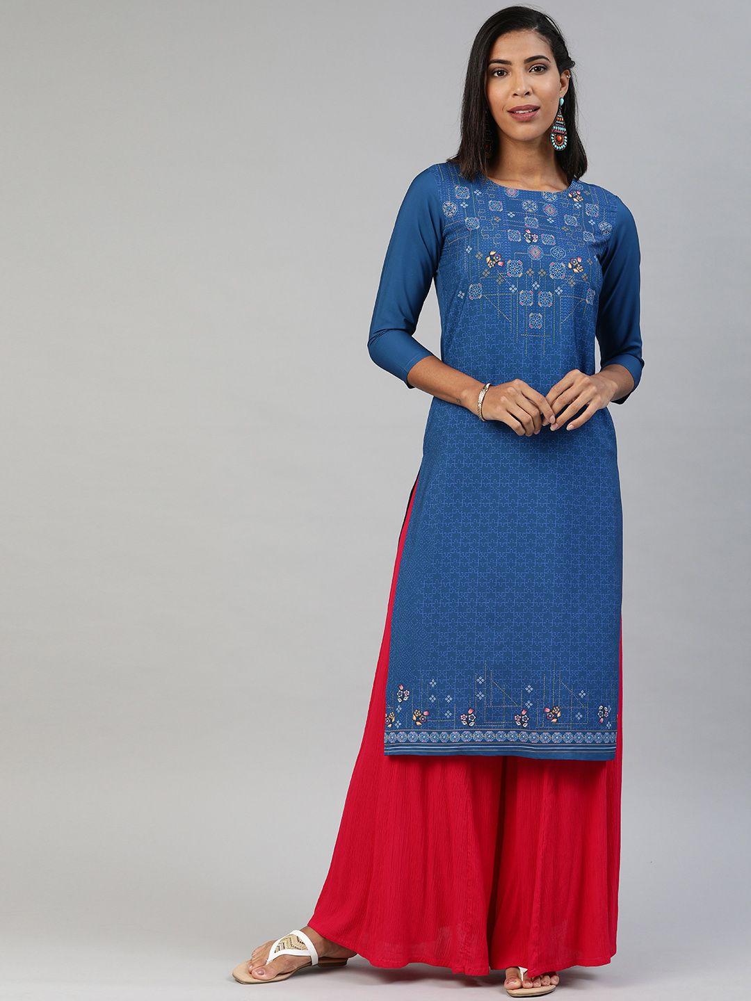 ahika women navy blue printed straight kurta