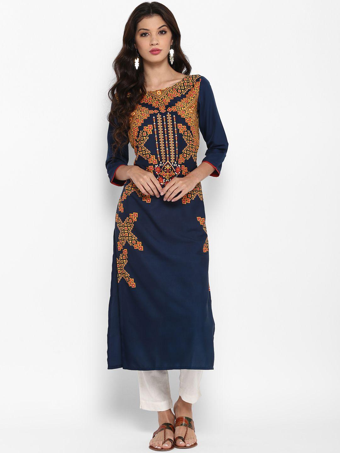 ahika women navy blue printed straight kurta