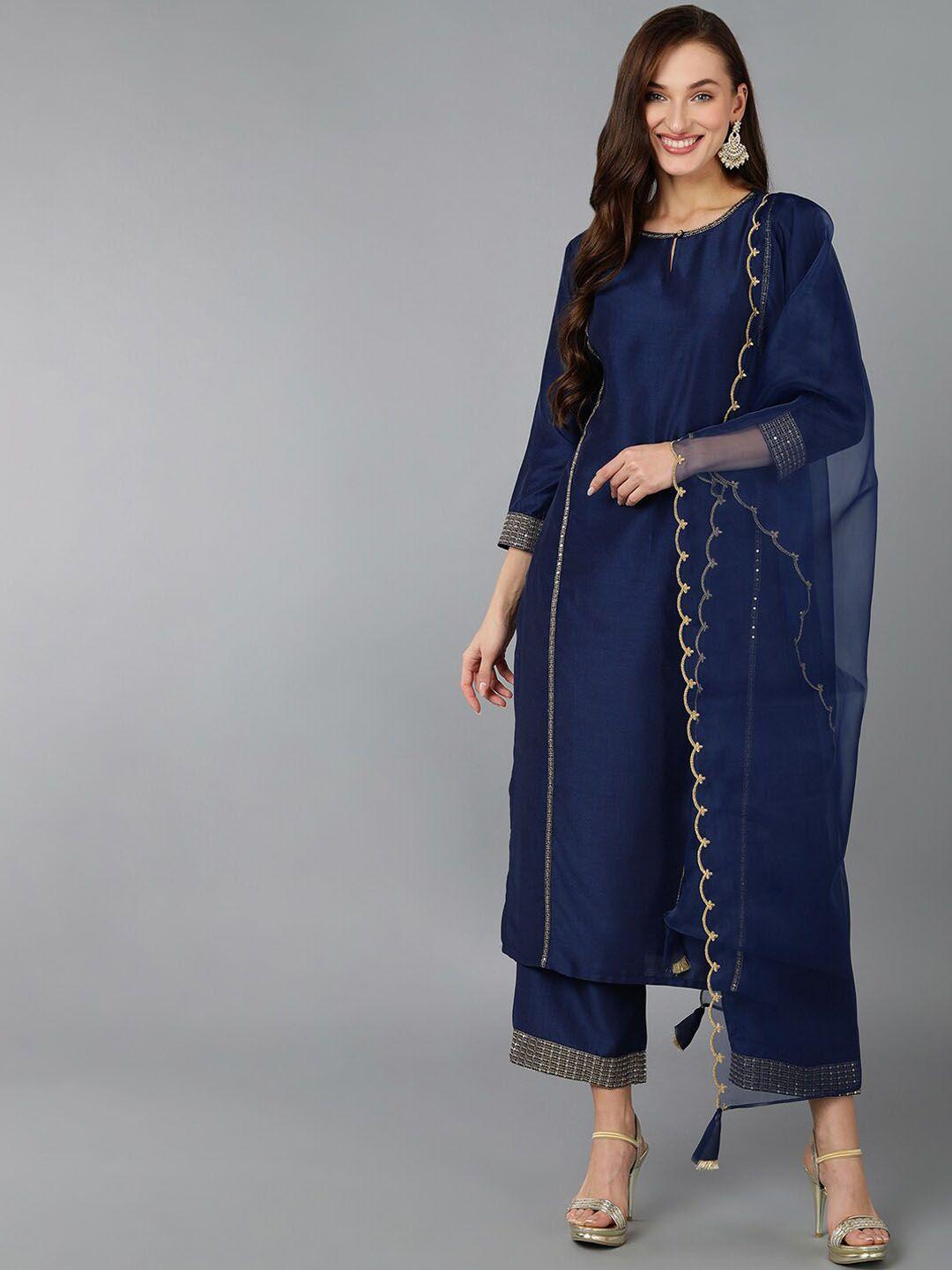 ahika women navy blue thread work kurta with trousers & with dupatta