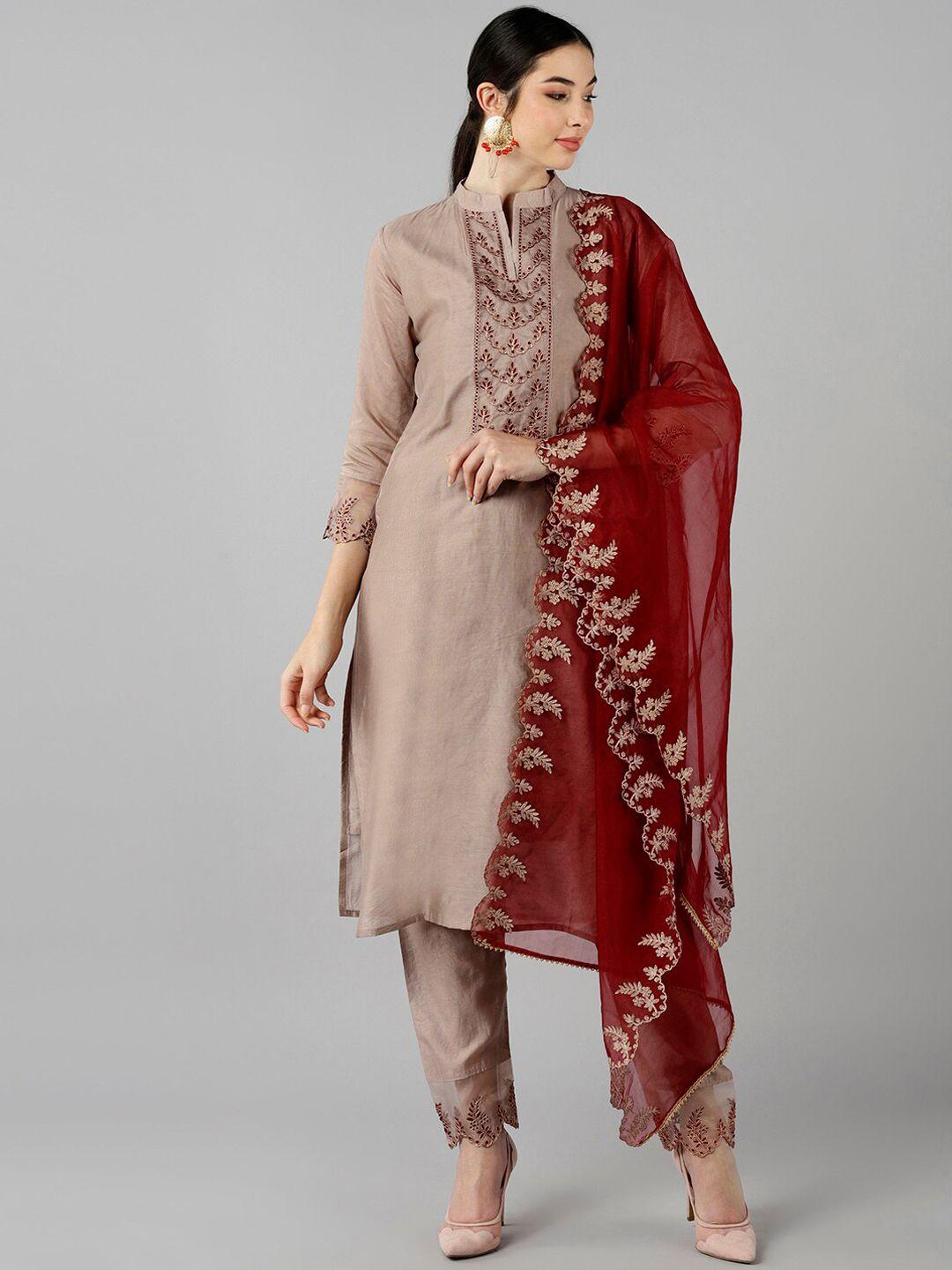 ahika women nude & maroon embroidered kurti with trousers & with dupatta