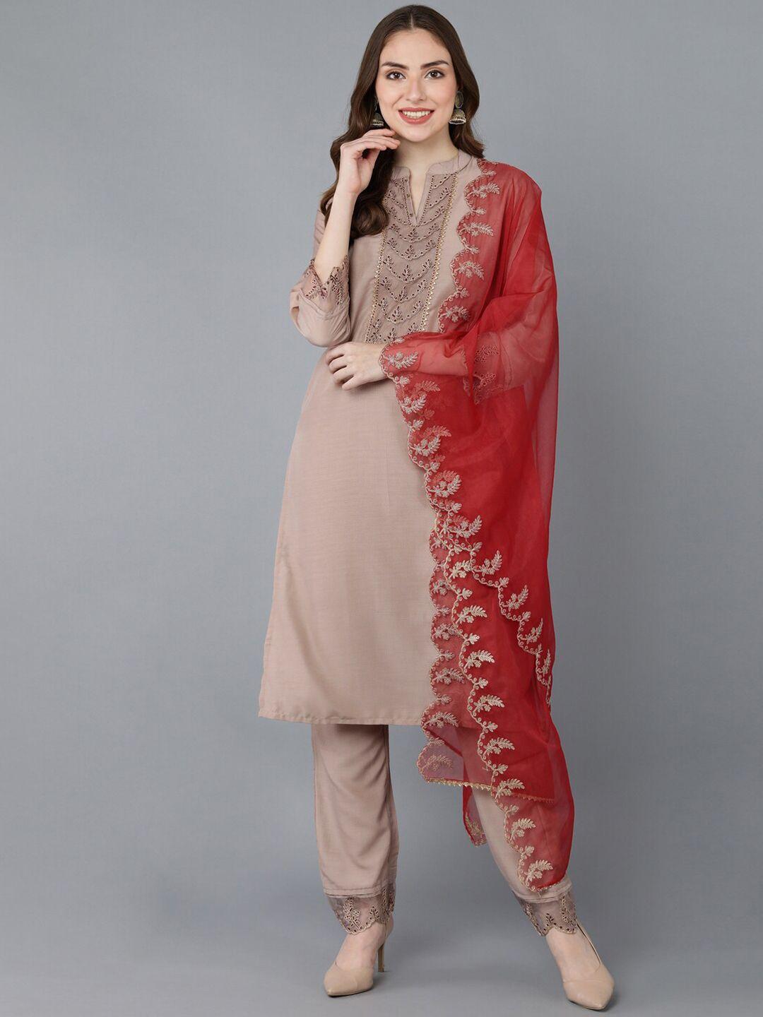 ahika women nude-coloured ethnic motifs embroidered kurta , pyjamas & with dupatta