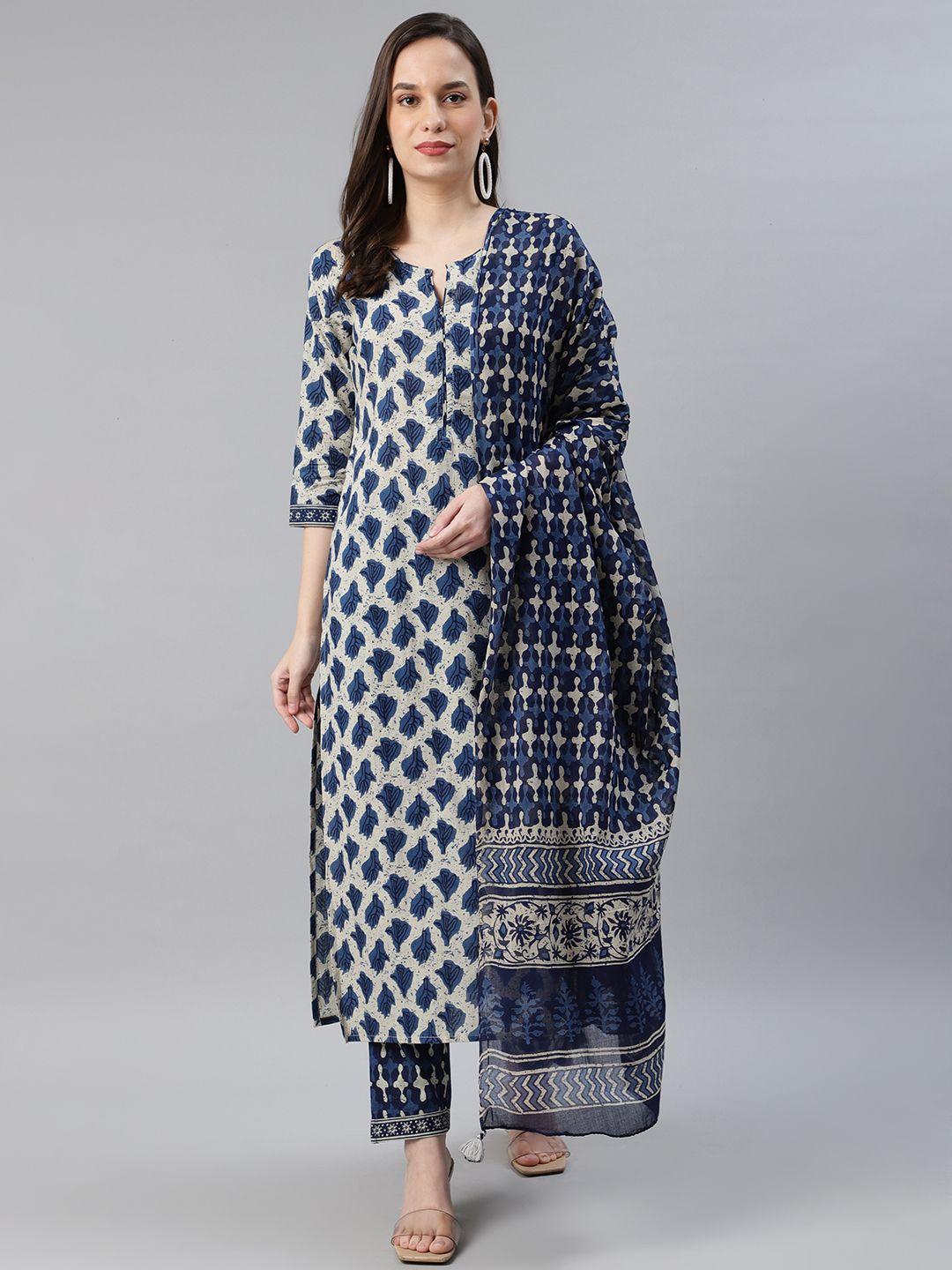 ahika women off-white & navy blue printed pure cotton kurta with trousers & dupatta