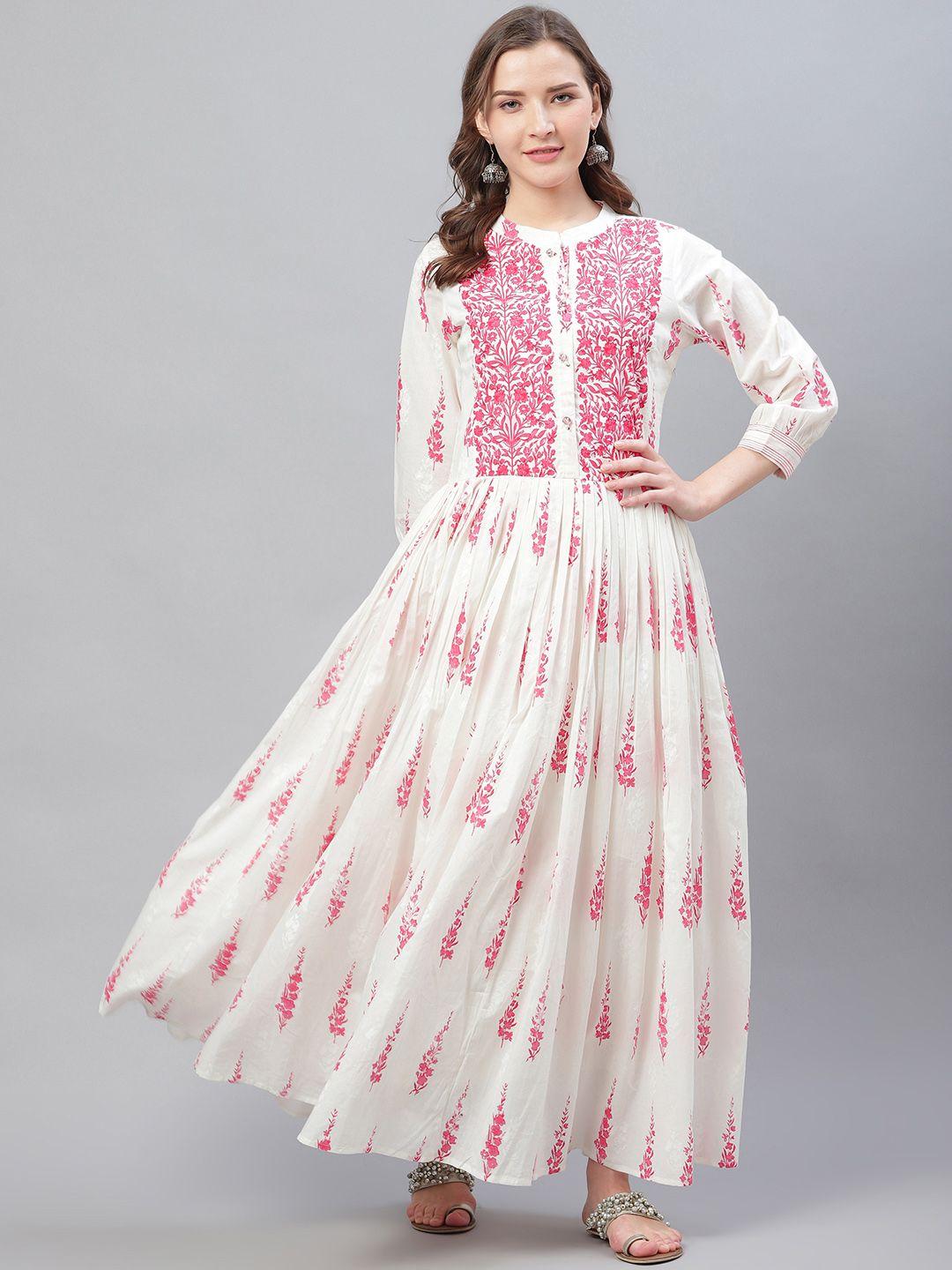 ahika women off-white & pink floral printed anarkali kurta