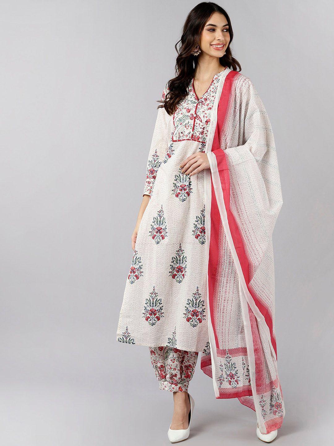 ahika women off white & red floral printed pure cotton kurti with palazzos & with dupatta