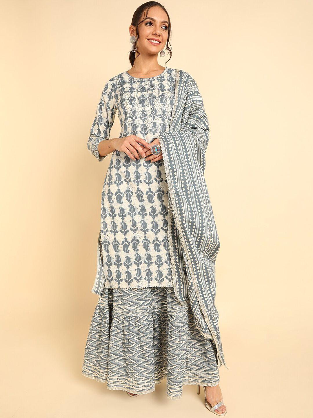 ahika women off white ethnic motifs printed pure cotton kurta with sharara & with dupatta