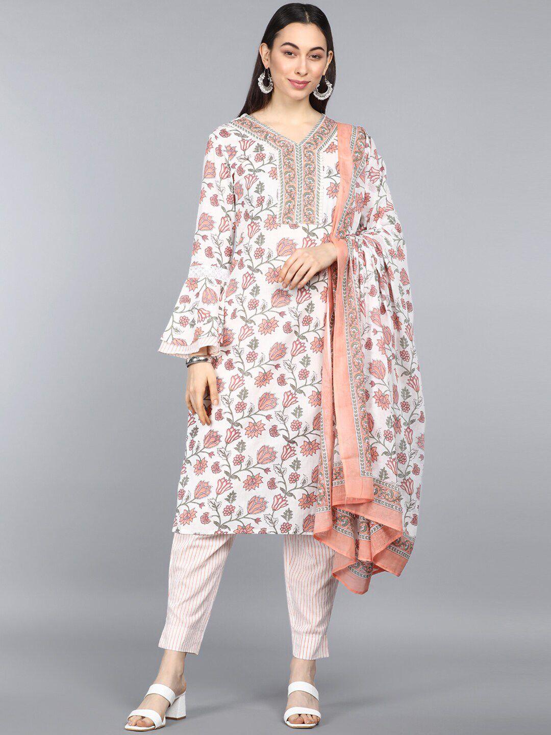 ahika women off white floral printed pure cotton kurta with trousers & with dupatta