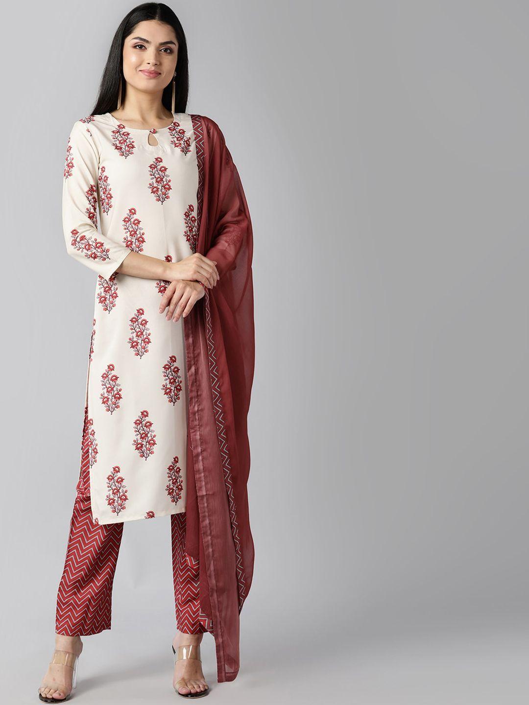 ahika women off white floral printed regular kurta with trousers & dupatta