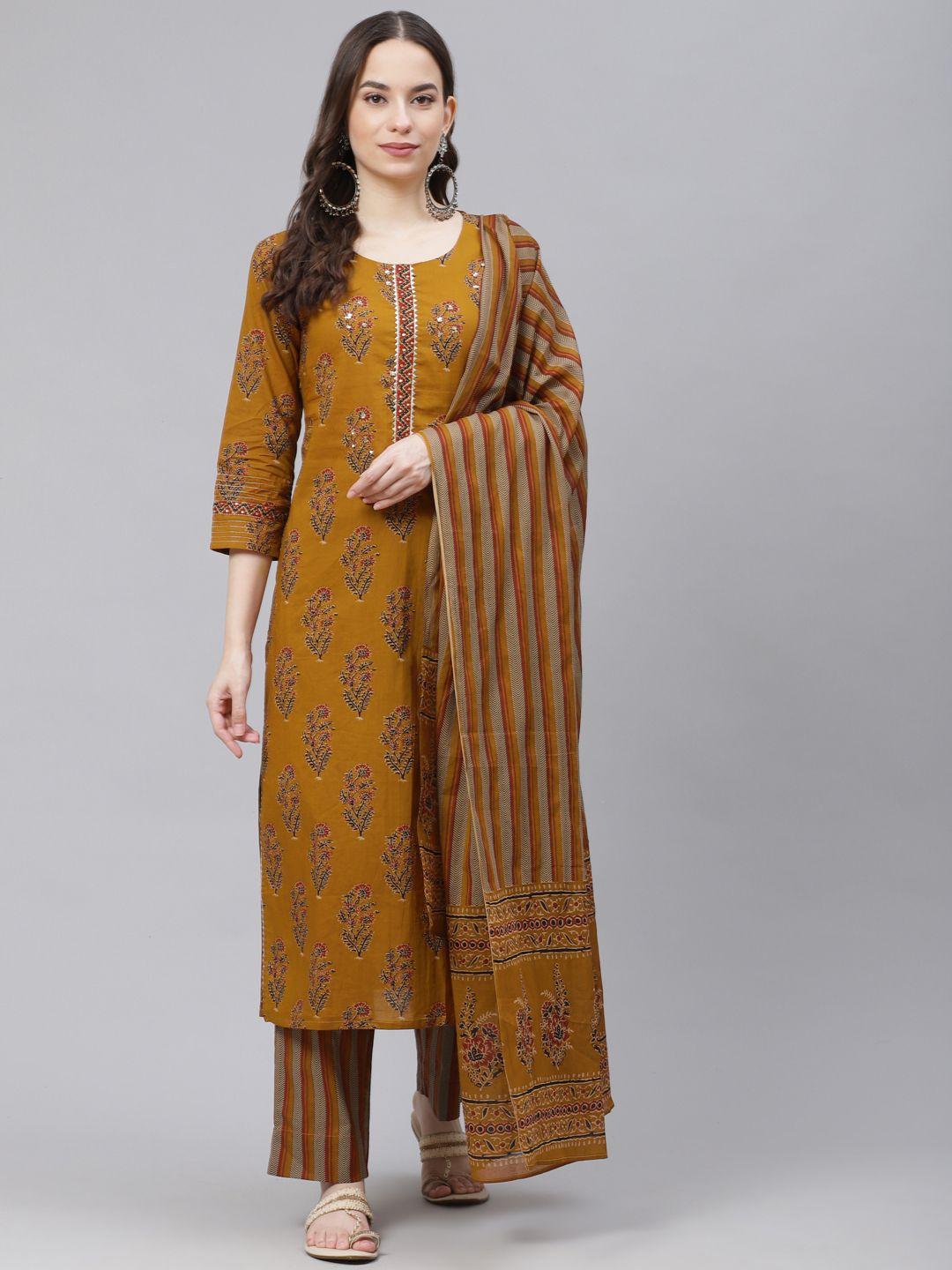 ahika women olive brown & rust orange printed pure cotton kurta with trousers & dupatta