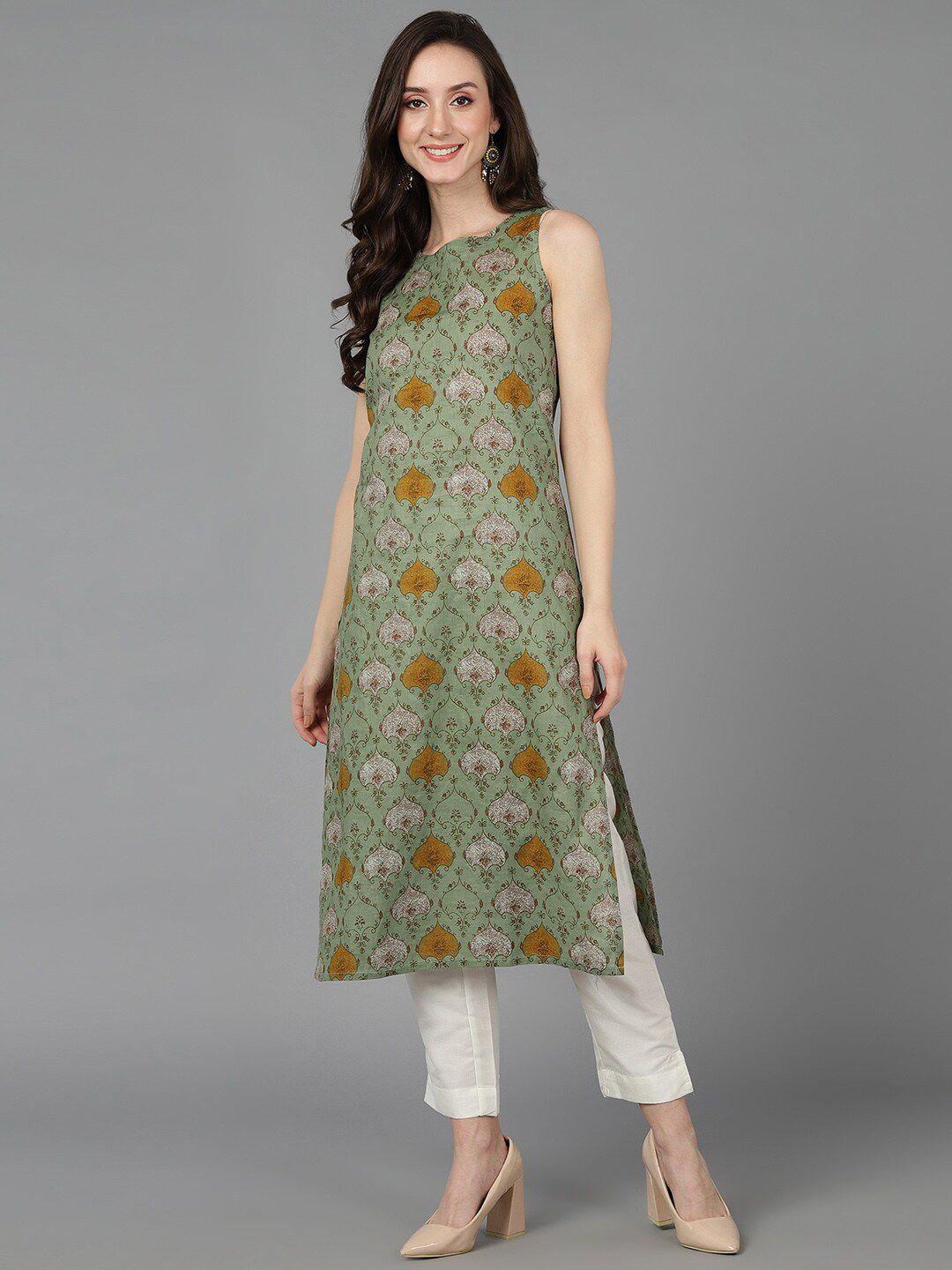 ahika women olive green & brown floral printed cotton kurta
