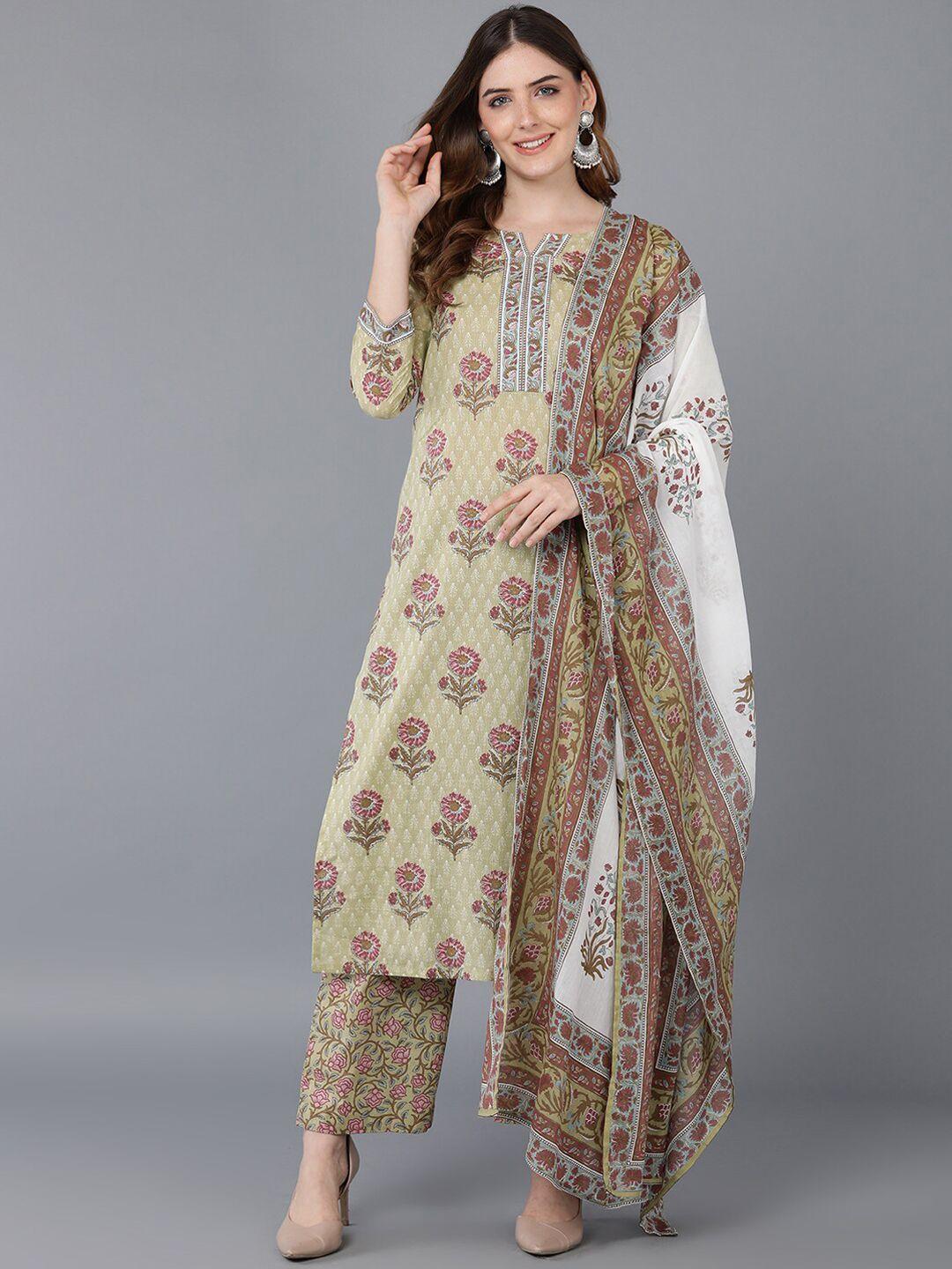 ahika women olive green floral printed pure cotton kurta with palazzos & with dupatta