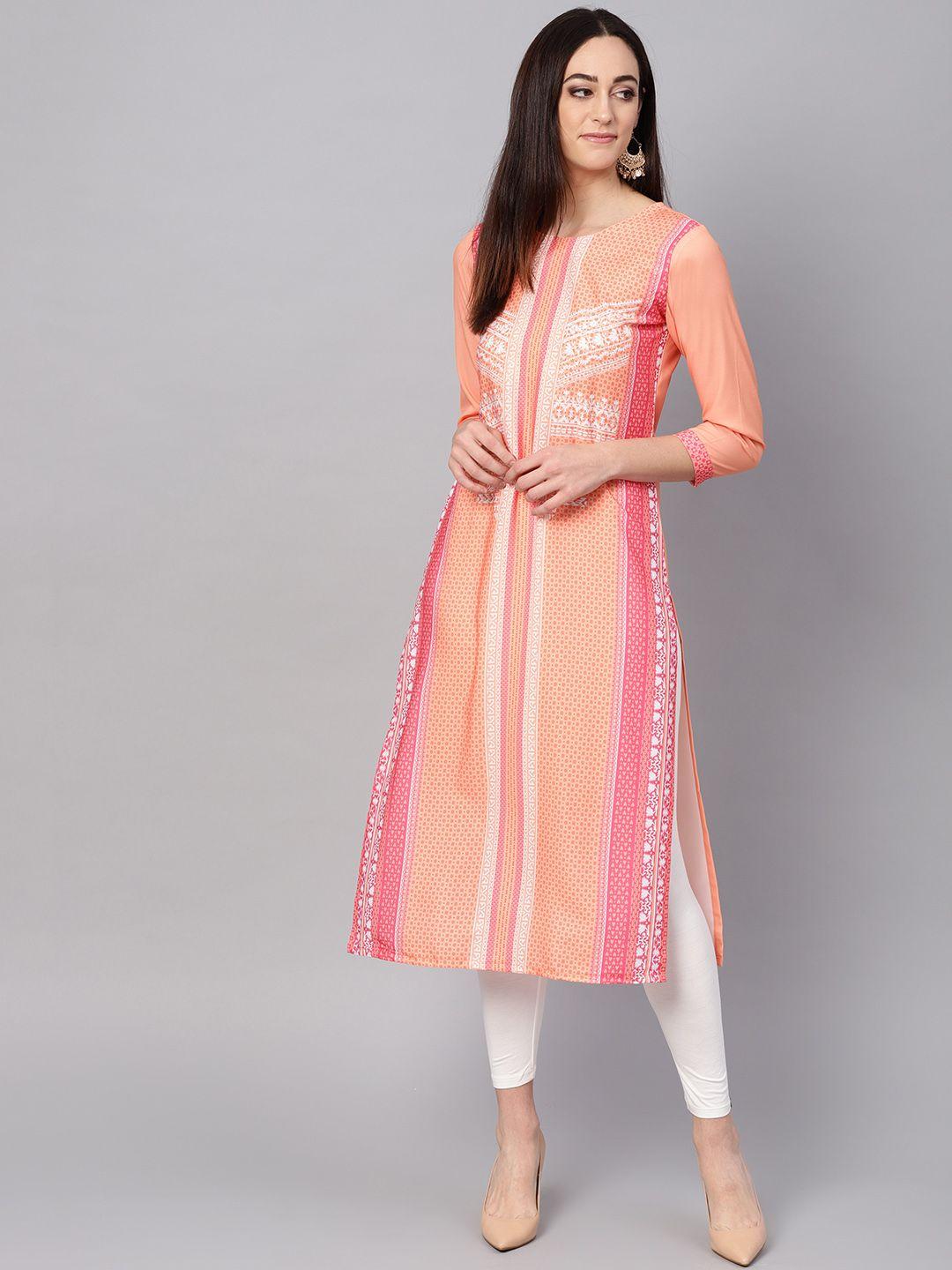 ahika women orange & pink digital print straight kurta