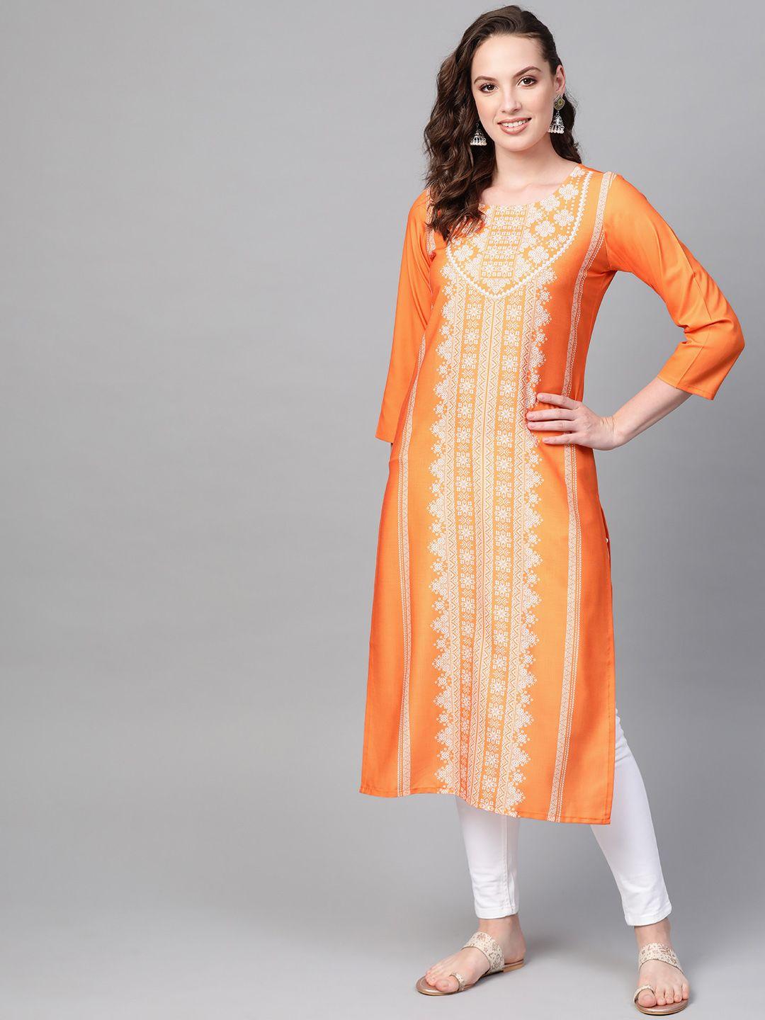 ahika women orange & white printed straight kurta