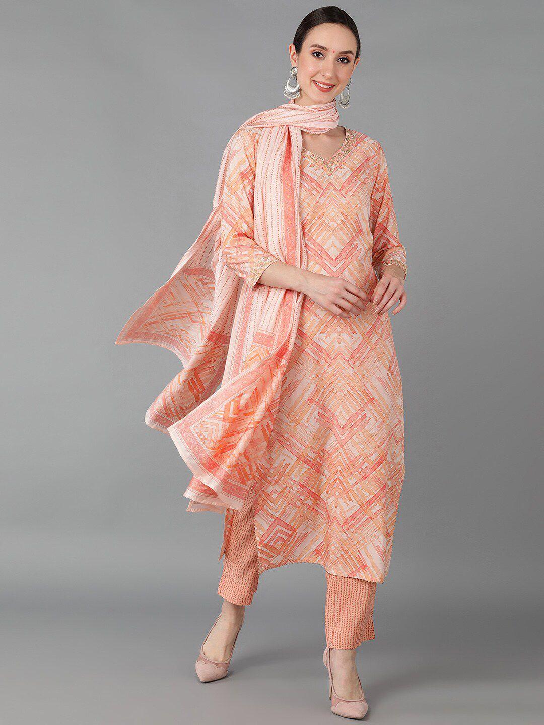 ahika women orange abstract printed thread work kurta with trousers & dupatta