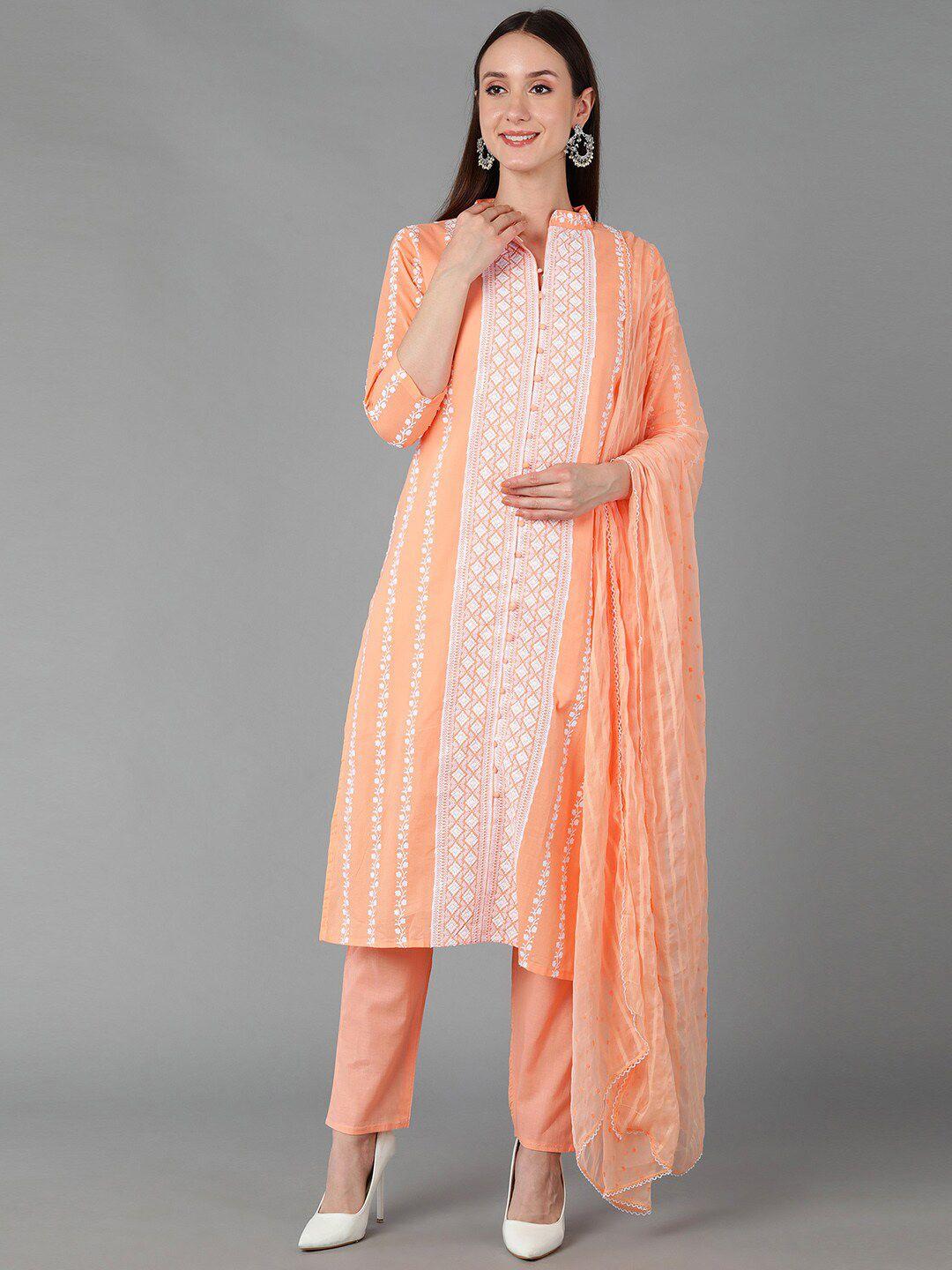 ahika women orange ethnic motifs embroidered thread work kurta with trousers & dupatta