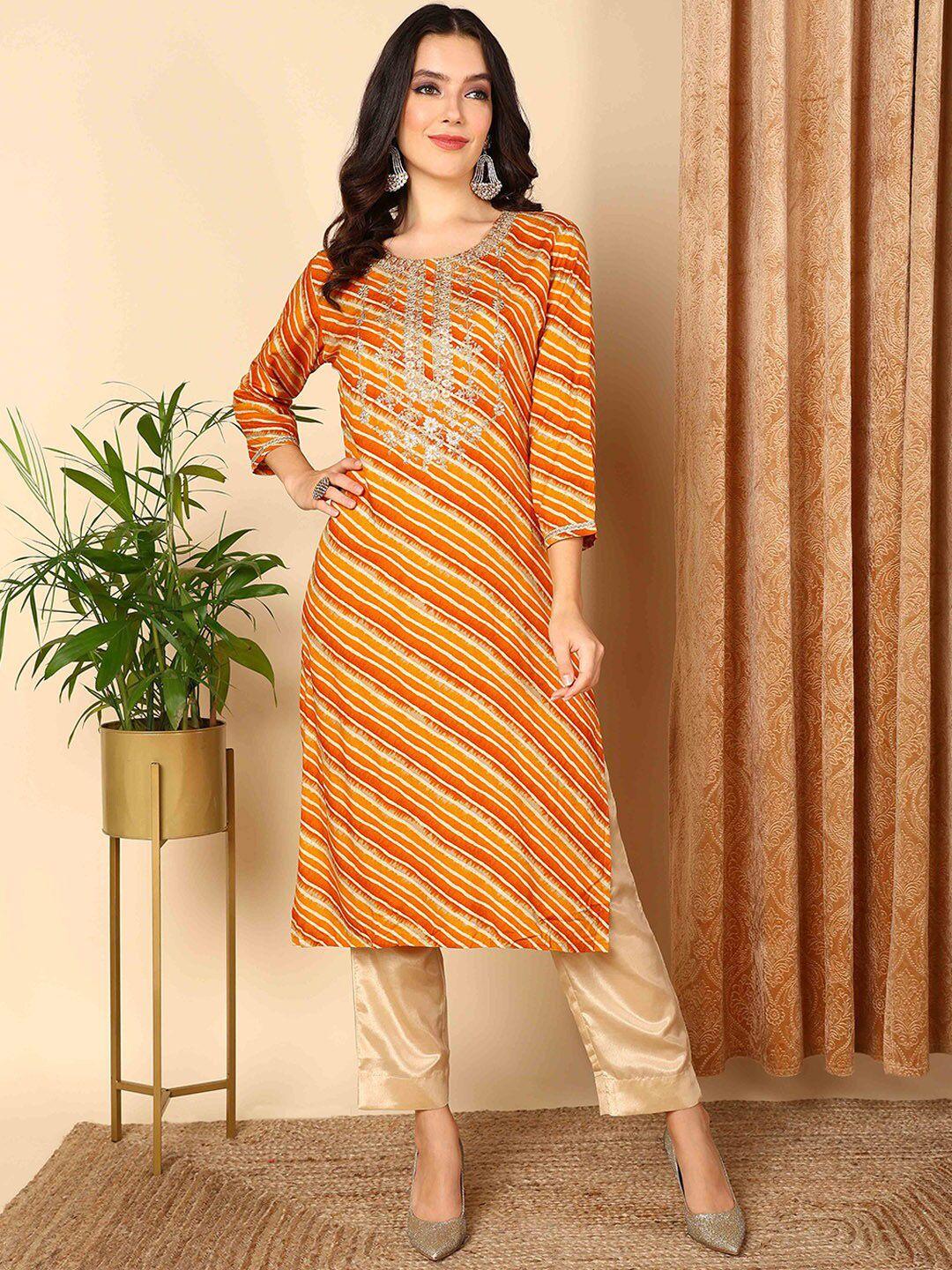 ahika women orange leheriya printed kurta