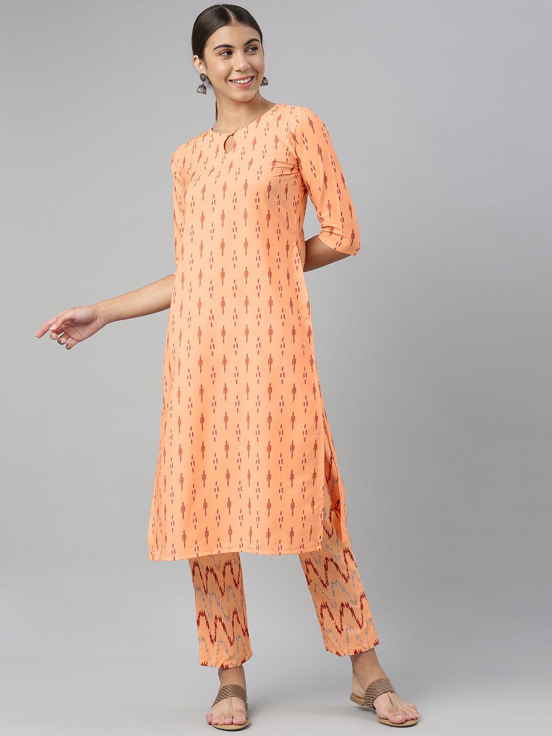 ahika women orange printed kurta with trousers