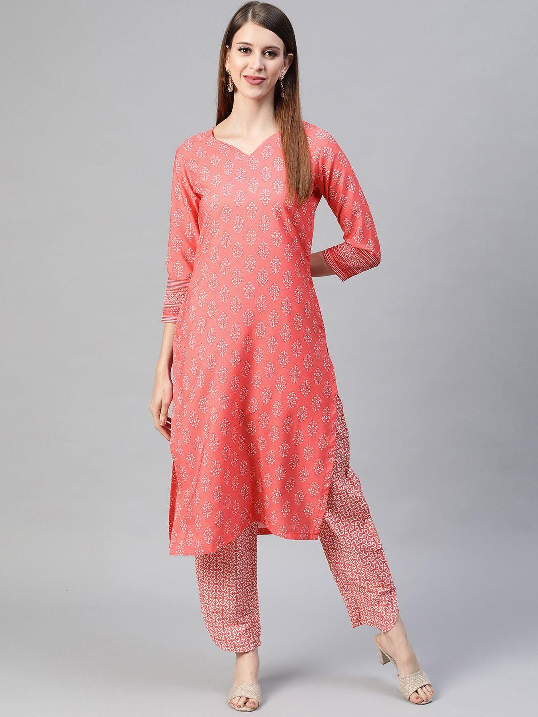 ahika women peach-coloured & white ethnic motifs printed kurta with trousers