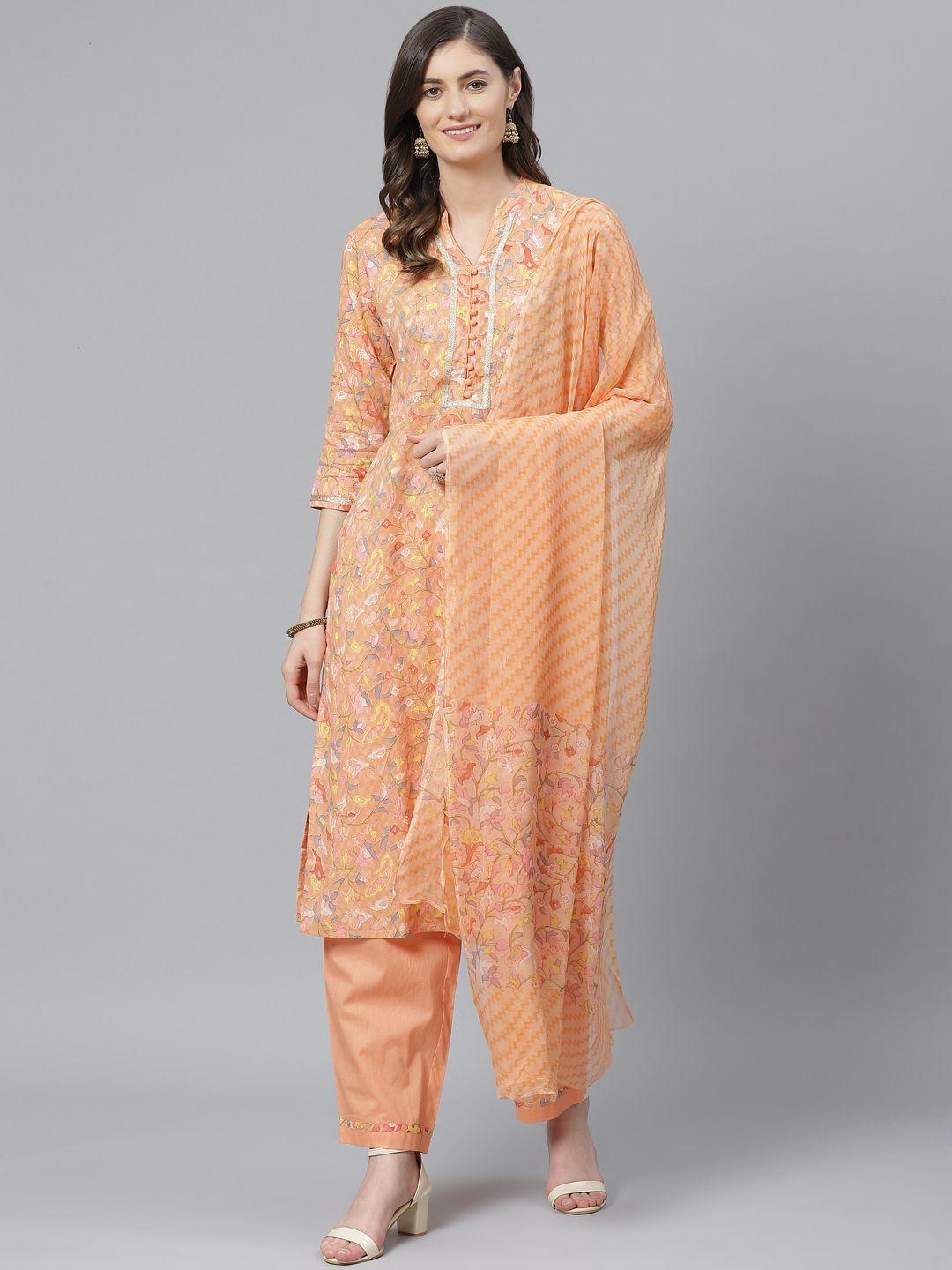 ahika women peach-coloured & yellow printed pure cotton kurta with trousers & dupatta