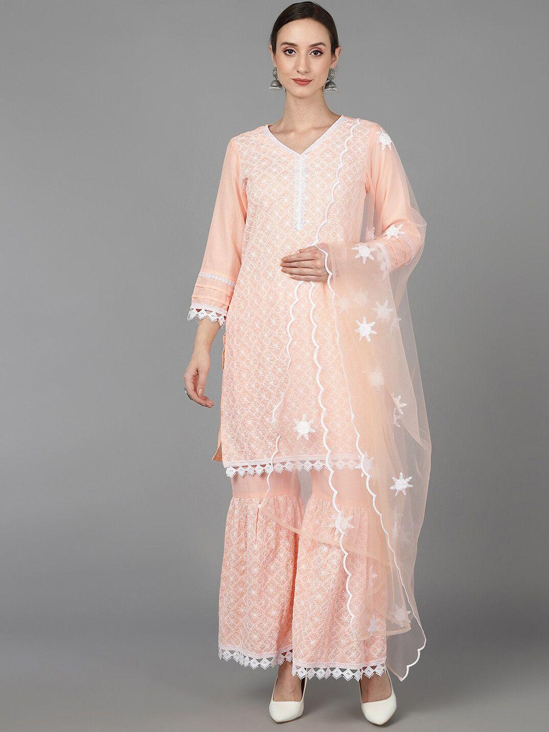 ahika women peach-coloured ethnic motifs embroidered kurta with sharara & dupatta