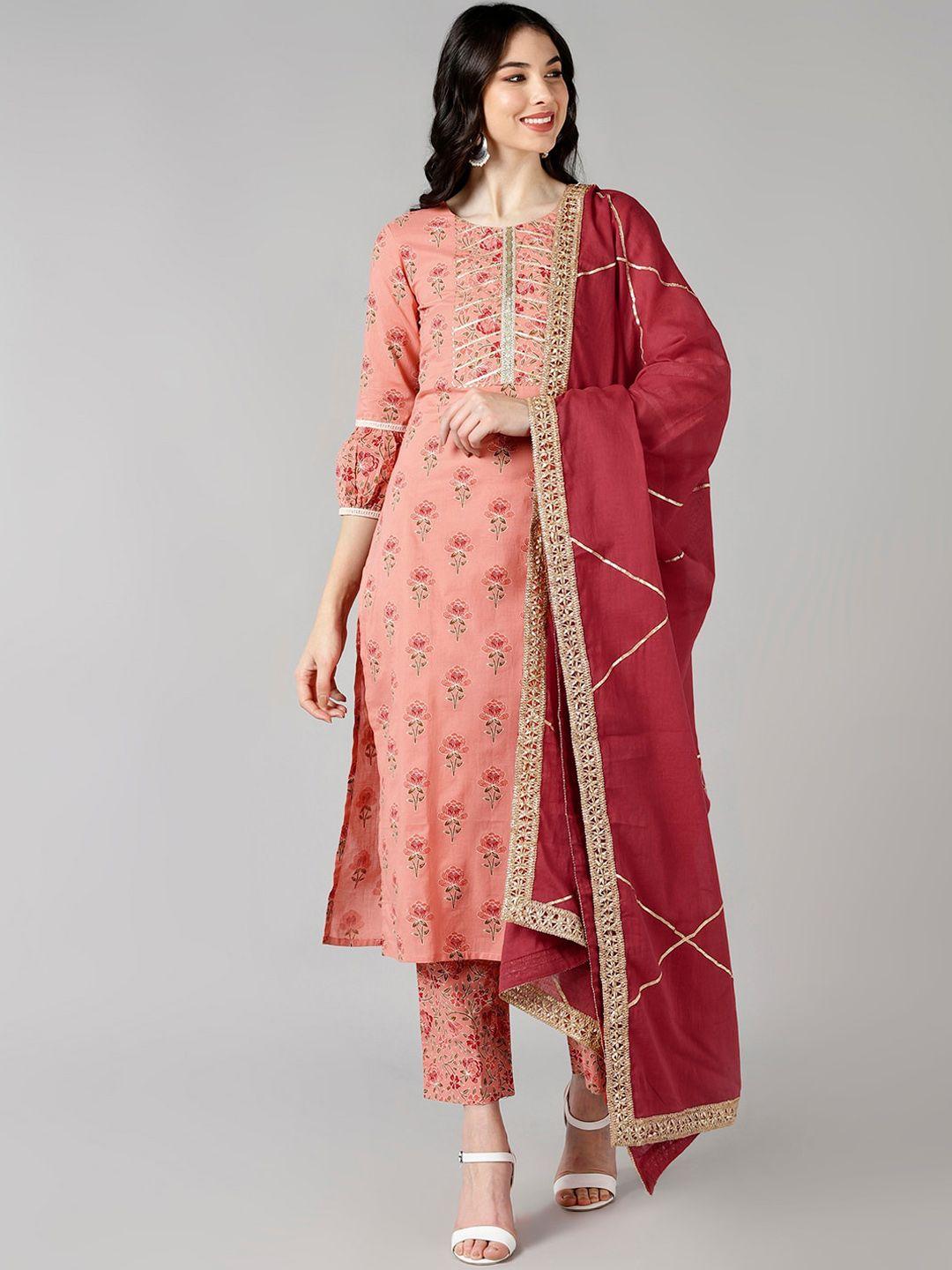 ahika women peach-coloured ethnic motifs printed gotta patti pure cotton kurta with trousers & with dupatta