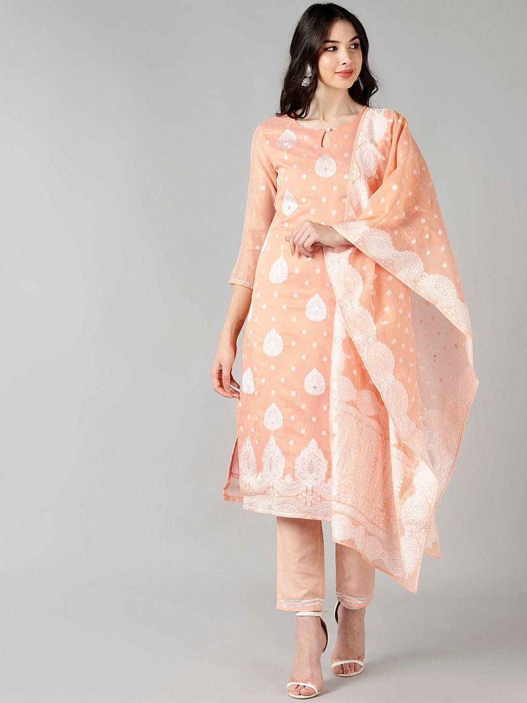 ahika women peach-coloured ethnic motifs printed kurta with trousers with dupatta