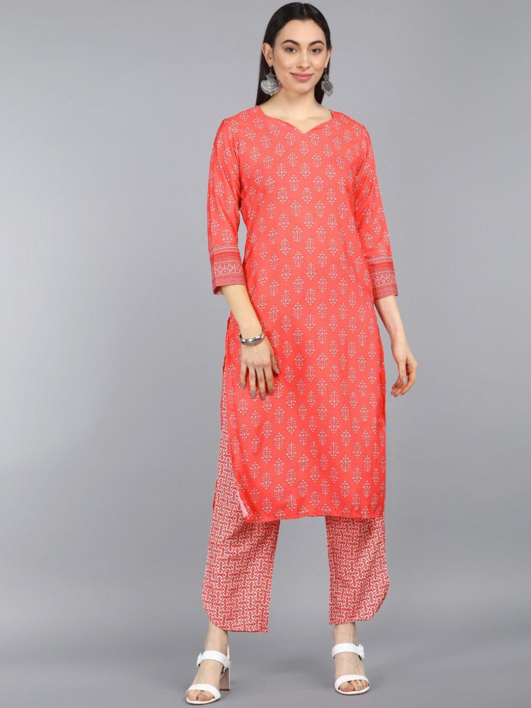 ahika women peach-coloured ethnic motifs printed kurta with trousers